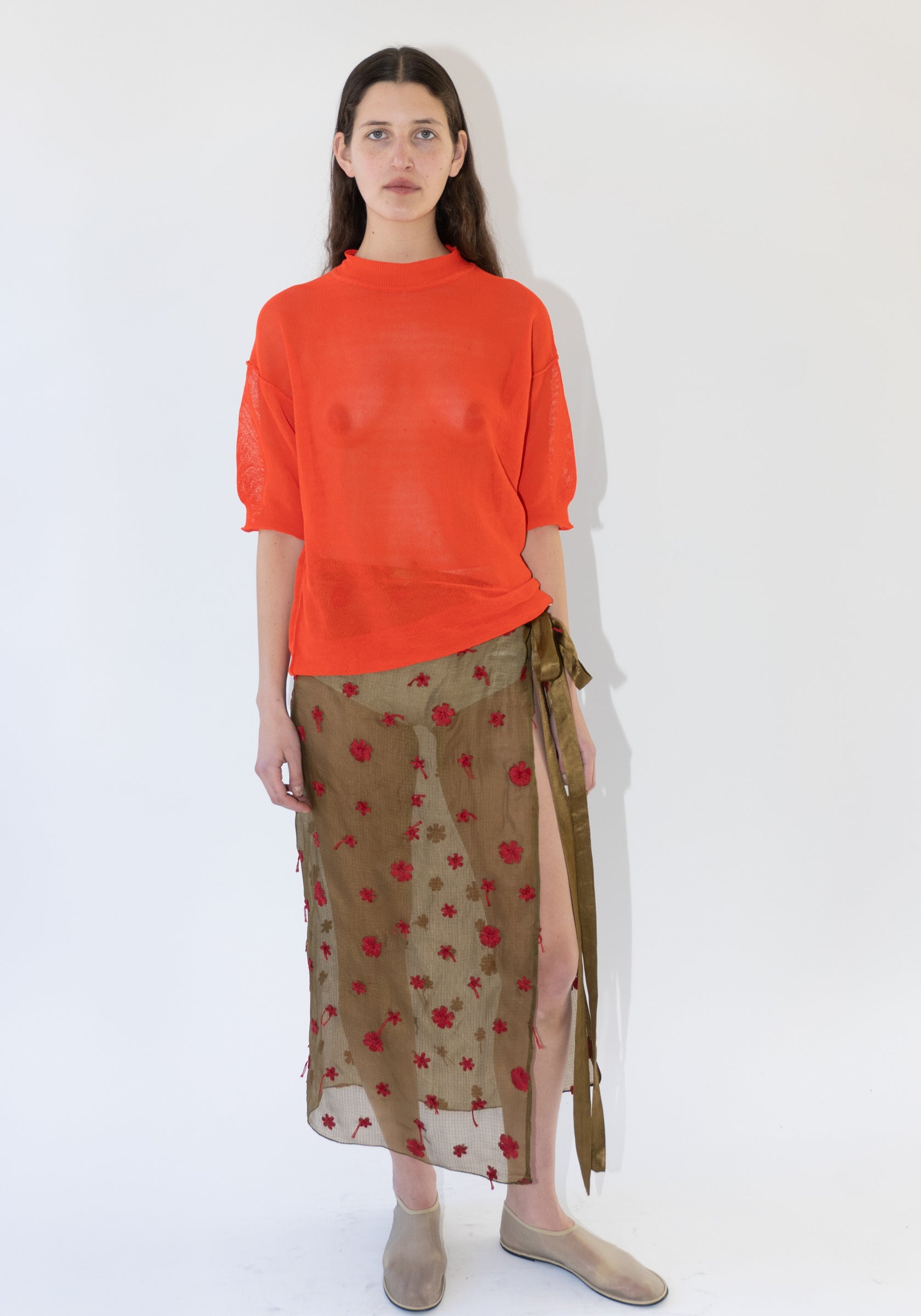 Knot Flowers Wrap Skirt in Army and Red