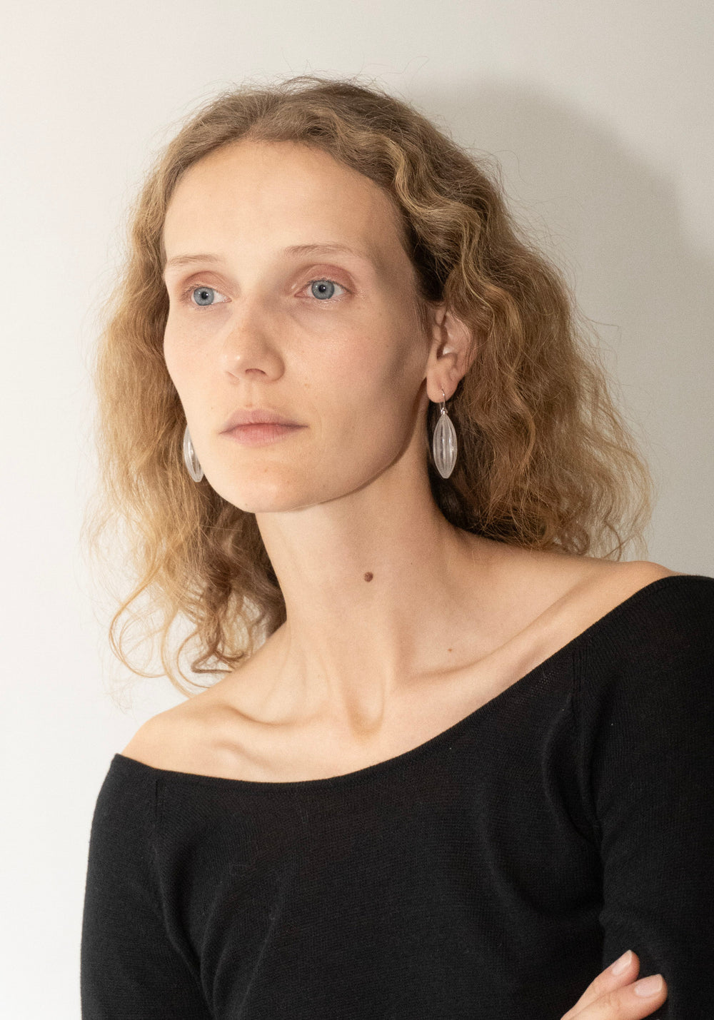 Annika Inez Large Elongated Ridge Earrings in Silver & Quartz