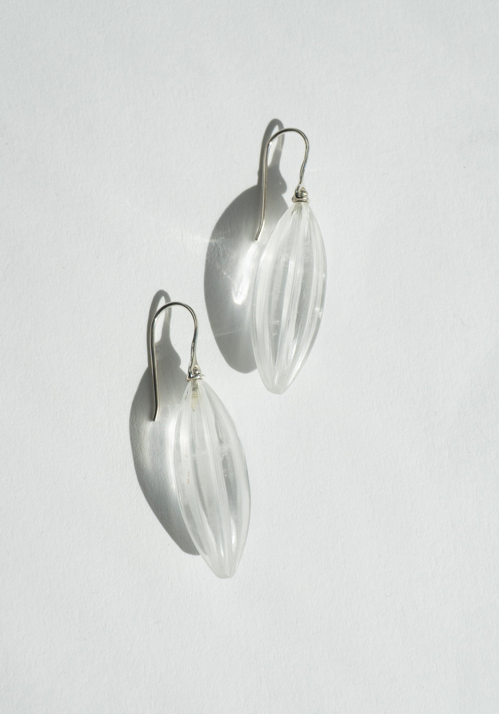 Large Elongated Ridge Earrings in Silver & Quartz