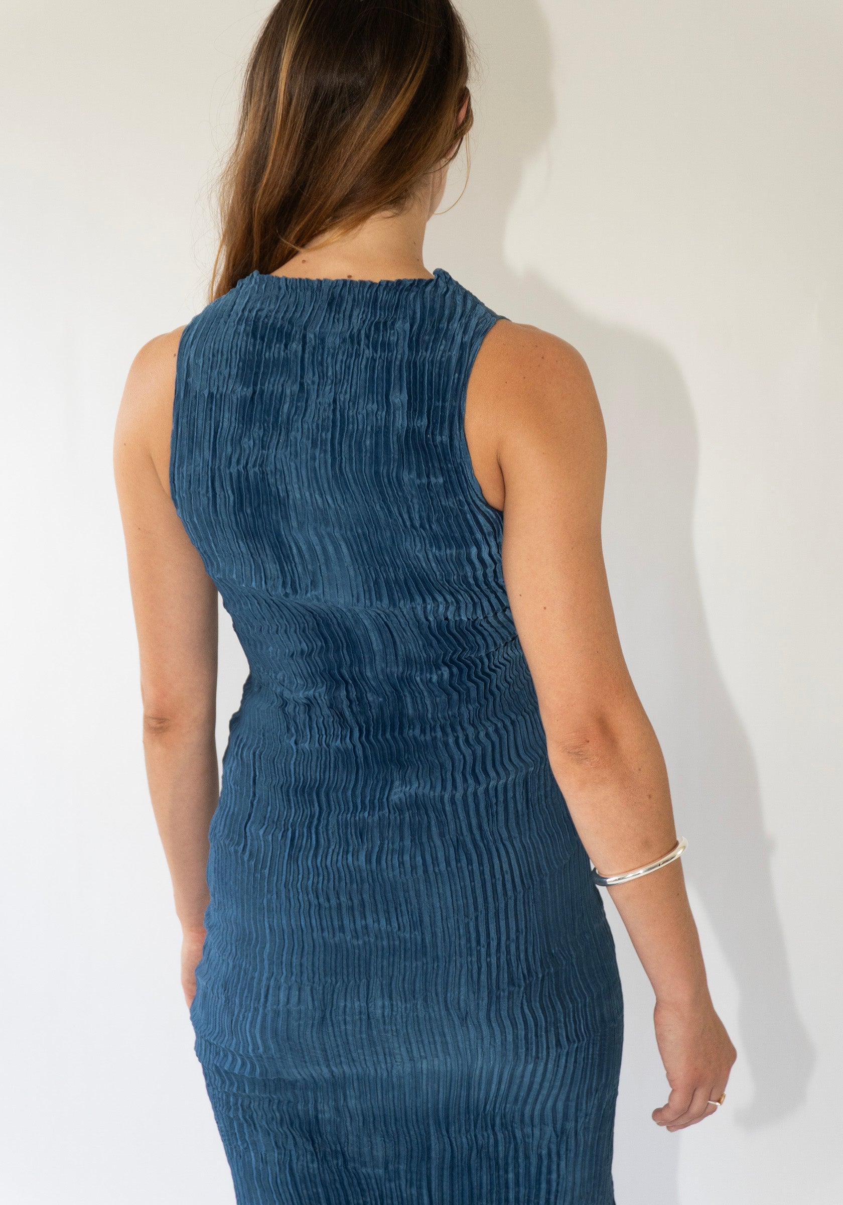 Azur Plissé Satin Silk Tank Long Dress in Dark Indigo