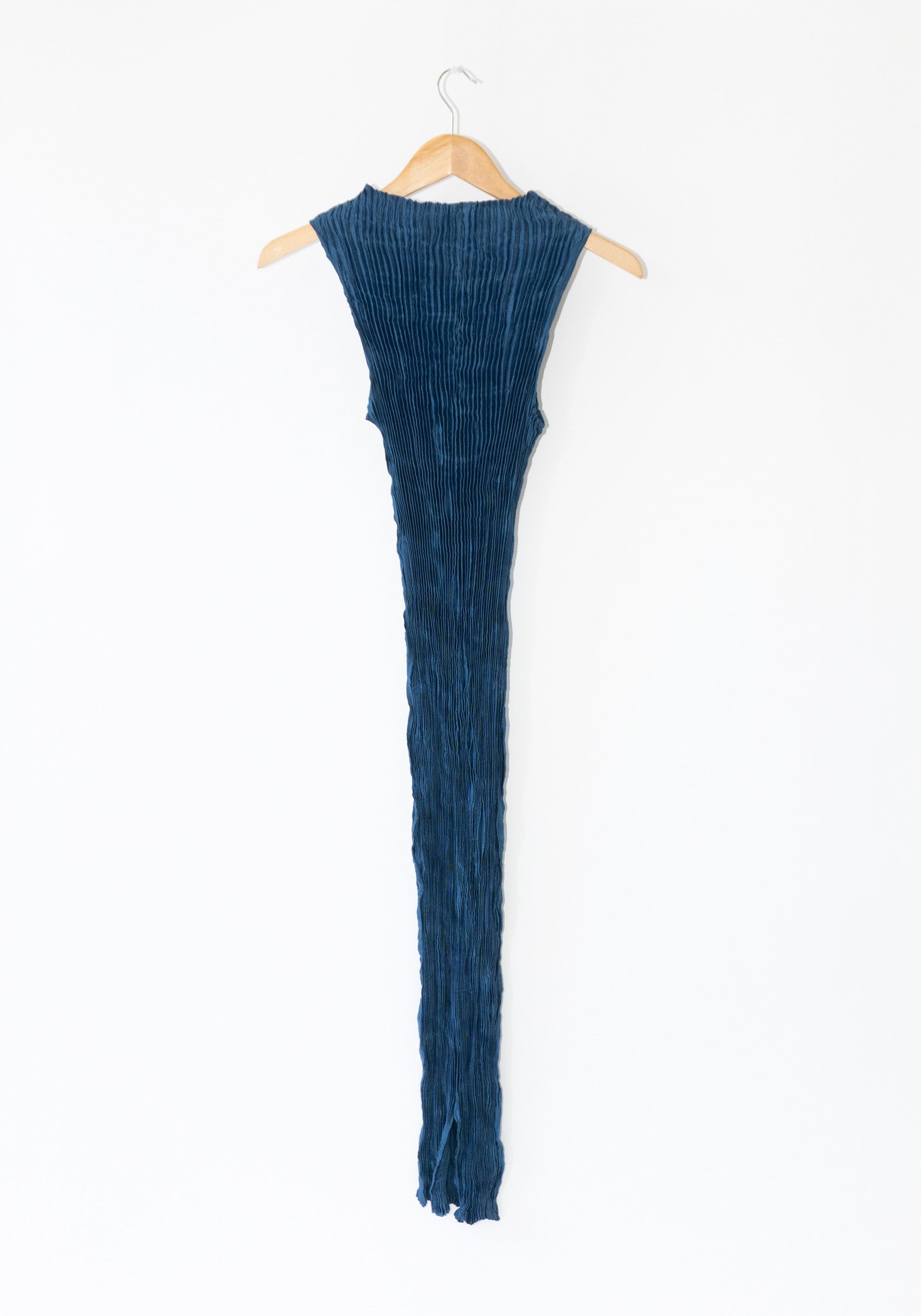 Azur Plissé Satin Silk Tank Long Dress in Dark Indigo