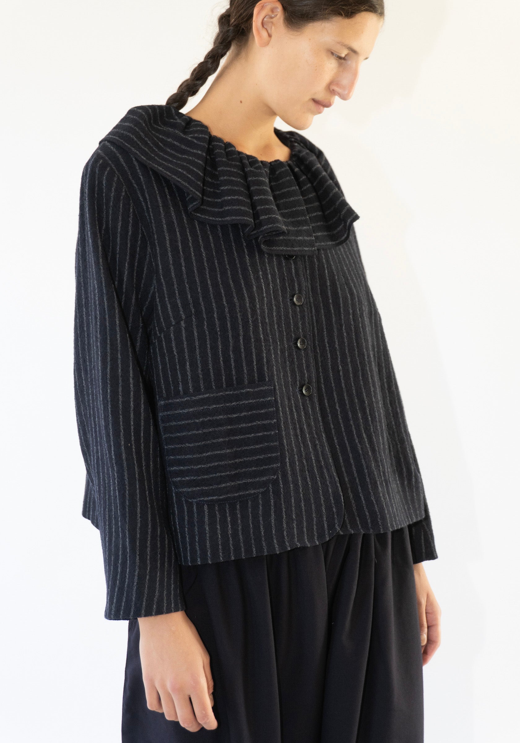 Cawley Japanese Striped Bouchle Ruffle Lillie Jacket in Navy and Grey