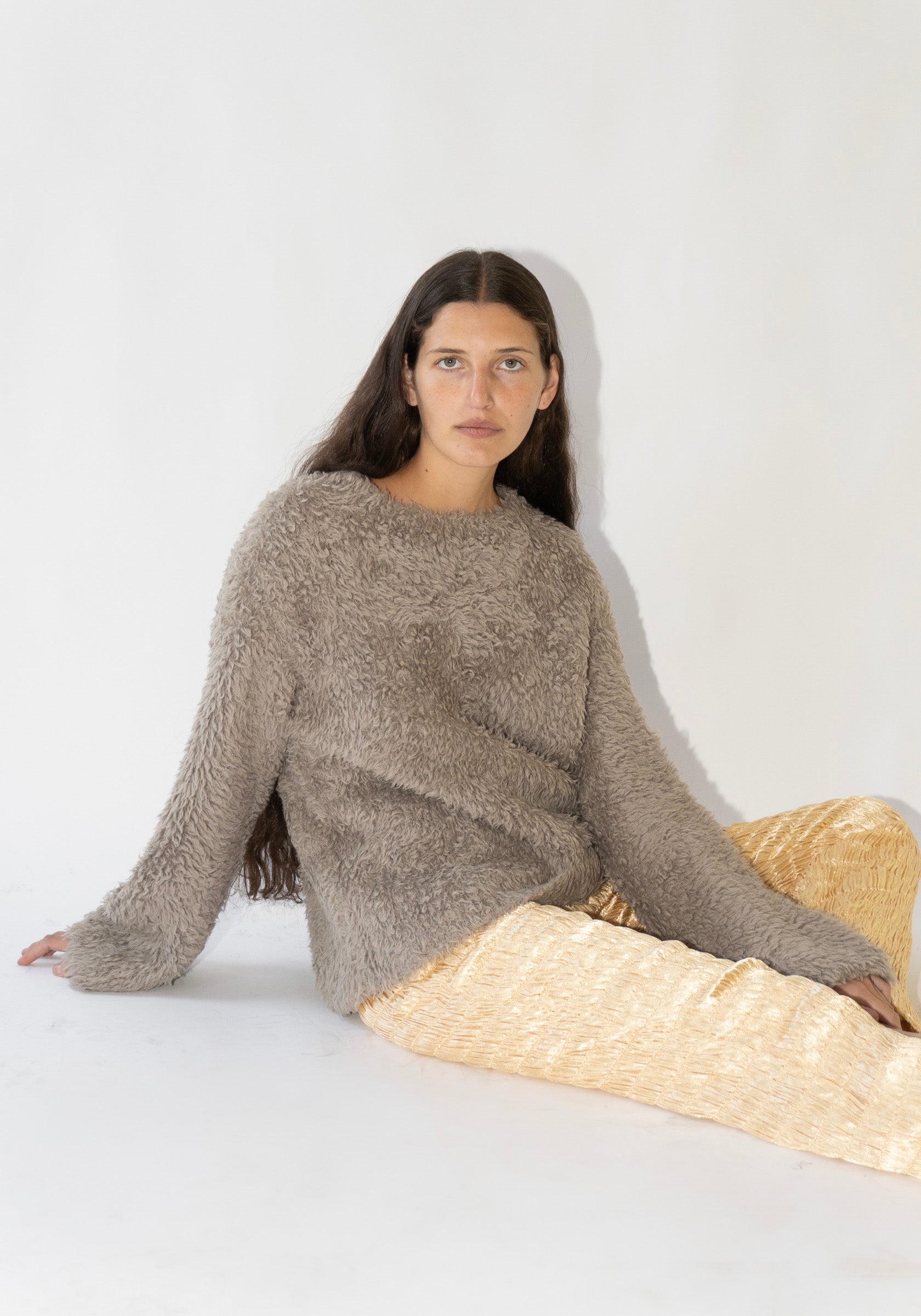 Handknit Fur Crewneck in Taupe