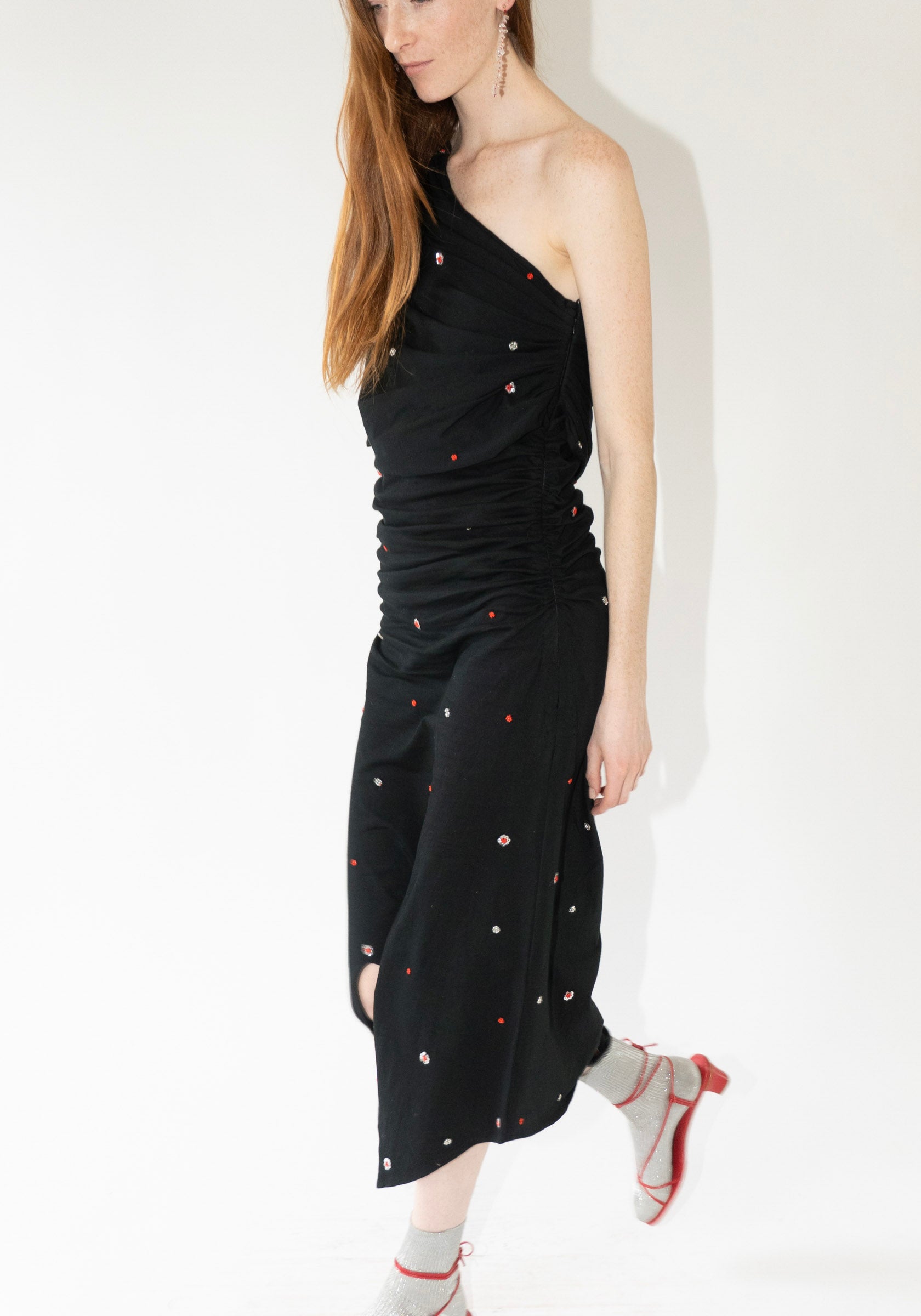 Tigra Tigra Draped T-Shirt Dress with Beadwork and Mirrors in Black
