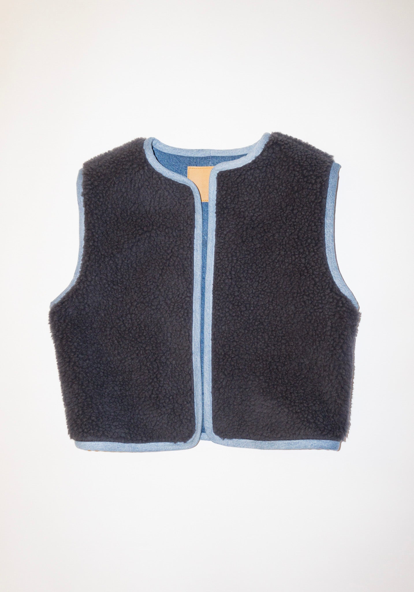 B Sides Sherpa Denim Vest in Grey Blue