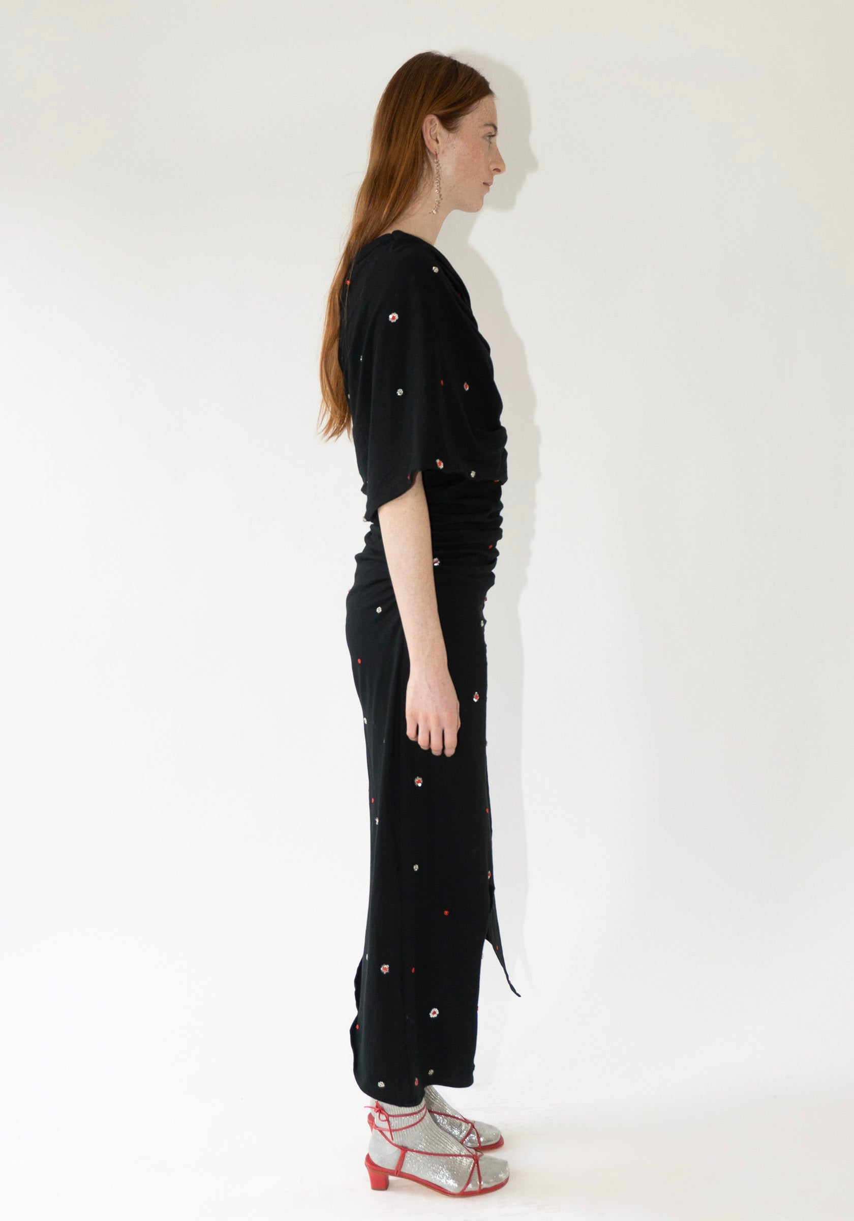 Tigra Tigra Draped T-Shirt Dress with Beadwork and Mirrors in Black