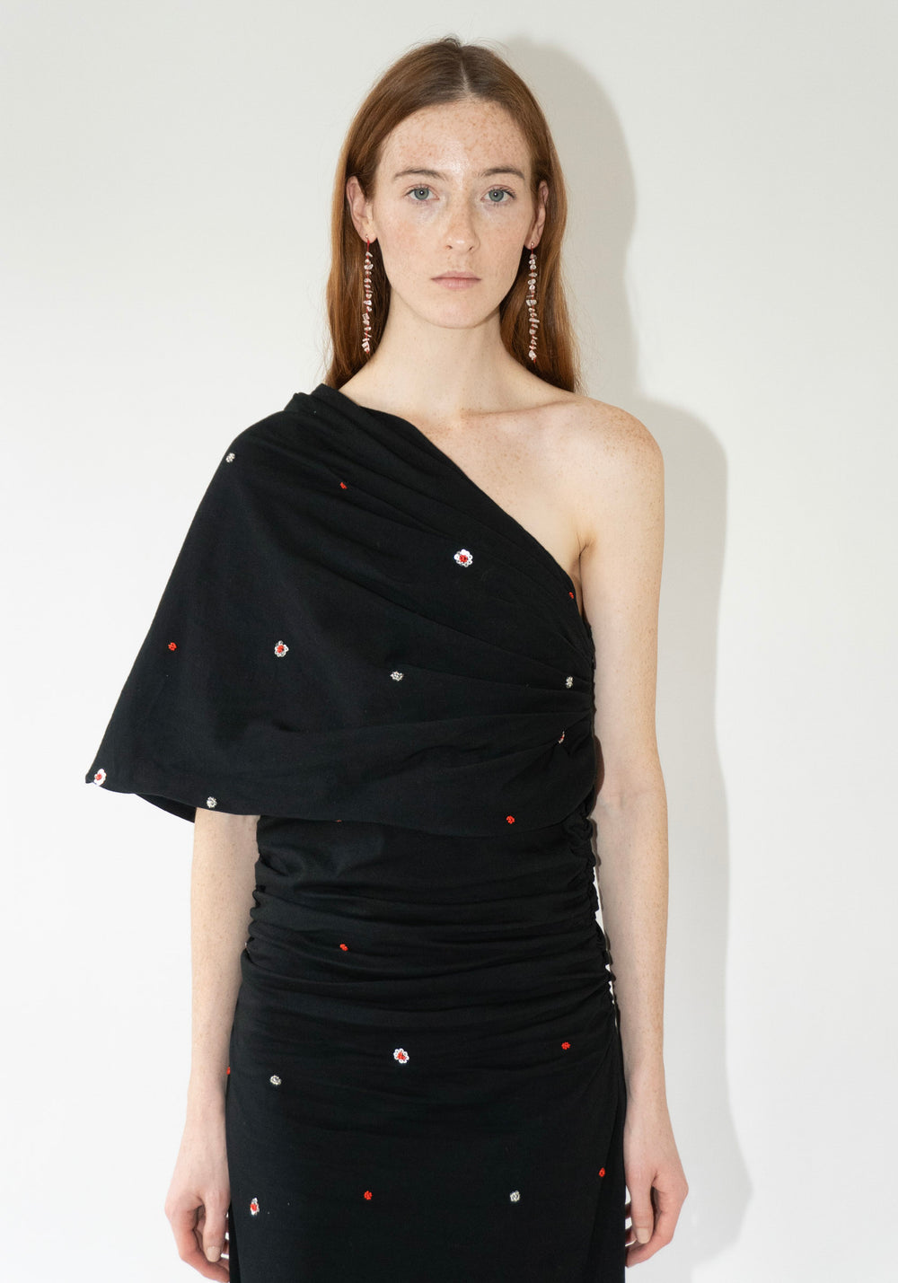 Tigra Tigra Draped T-Shirt Dress with Beadwork and Mirrors in Black