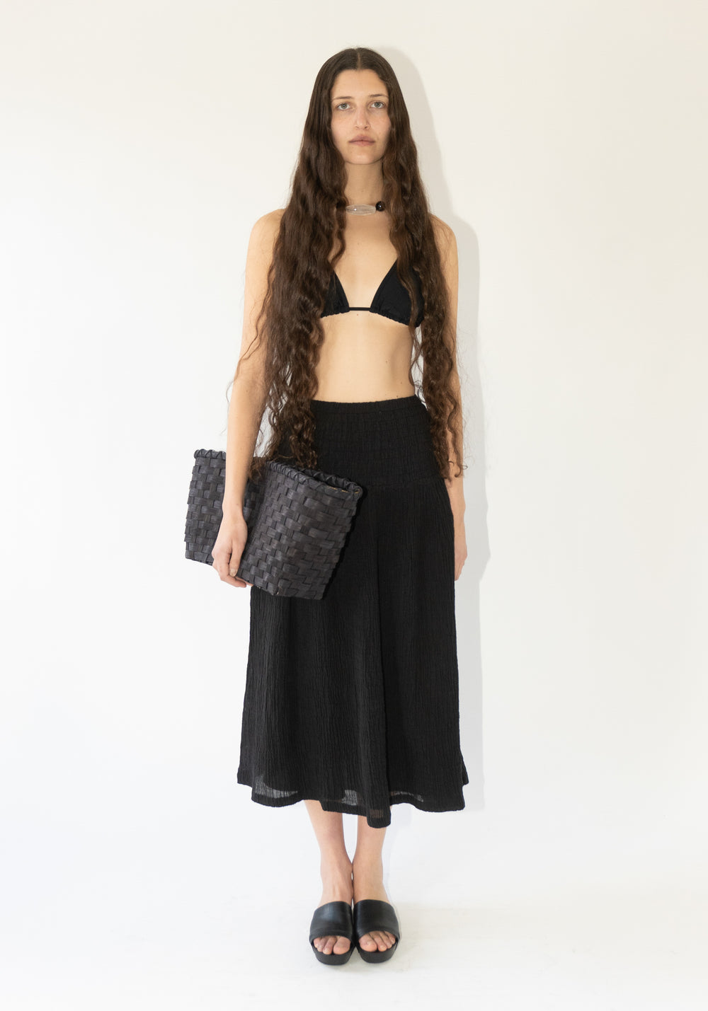 Sol Smocked Gauze Skirt in Black