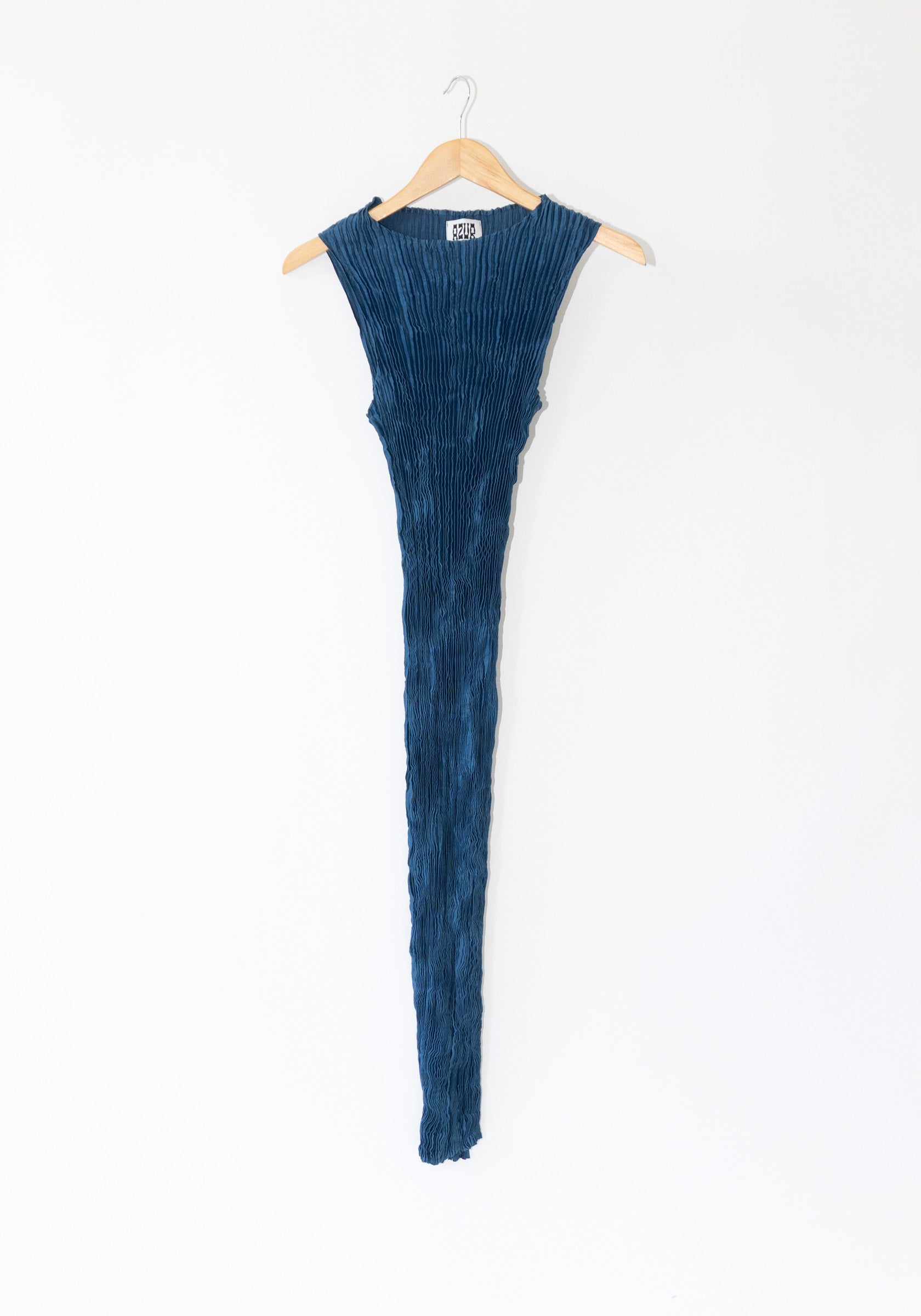 Azur Plissé Satin Silk Tank Long Dress in Dark Indigo