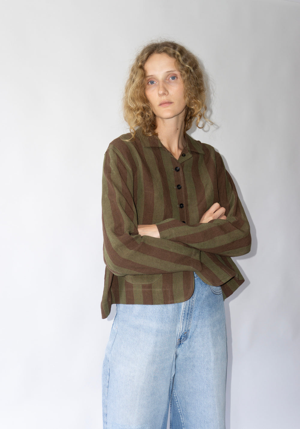 Cawley Irish Linen Lillie Jacket in Forest/Chocolate Stripe