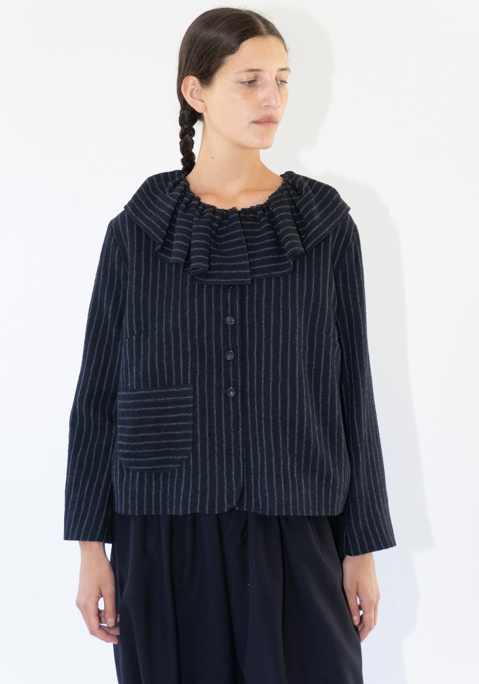 Cawley Japanese Striped Bouchle Ruffle Lillie Jacket in Navy and Grey