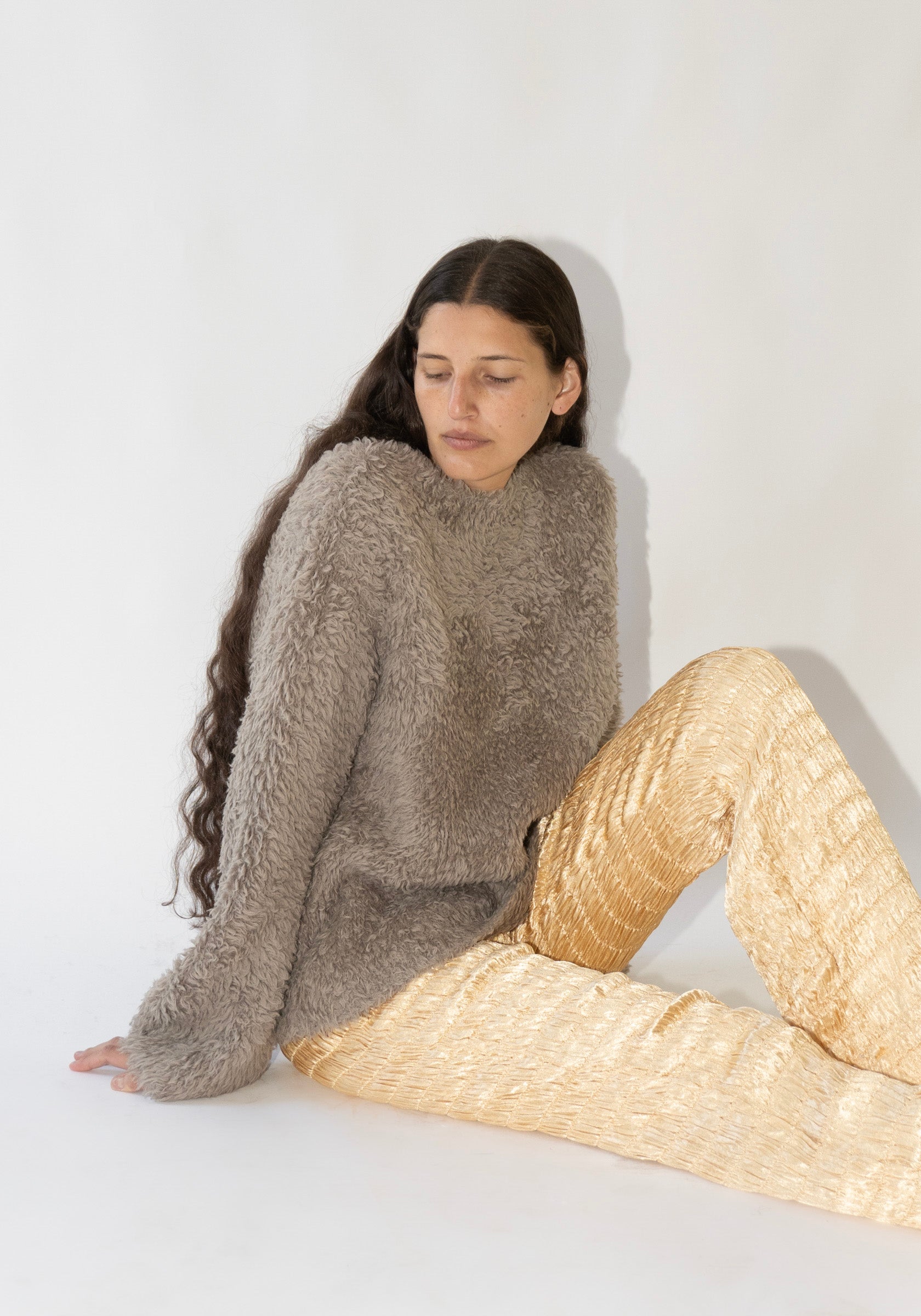 Handknit Fur Crewneck in Taupe