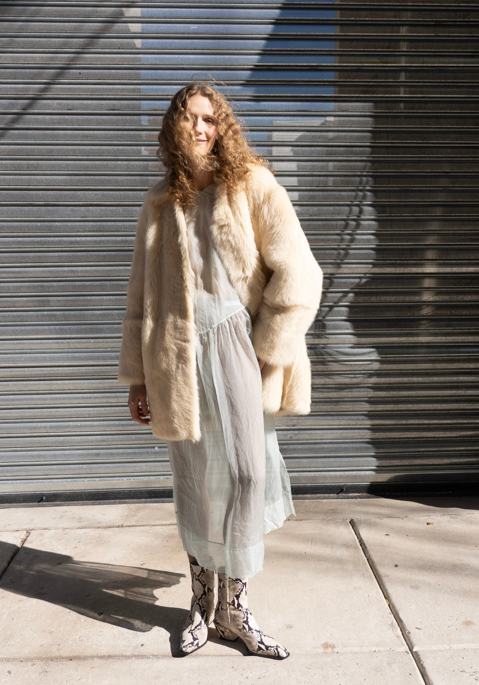 Ruben Mid Length Shearling Coat in Butter