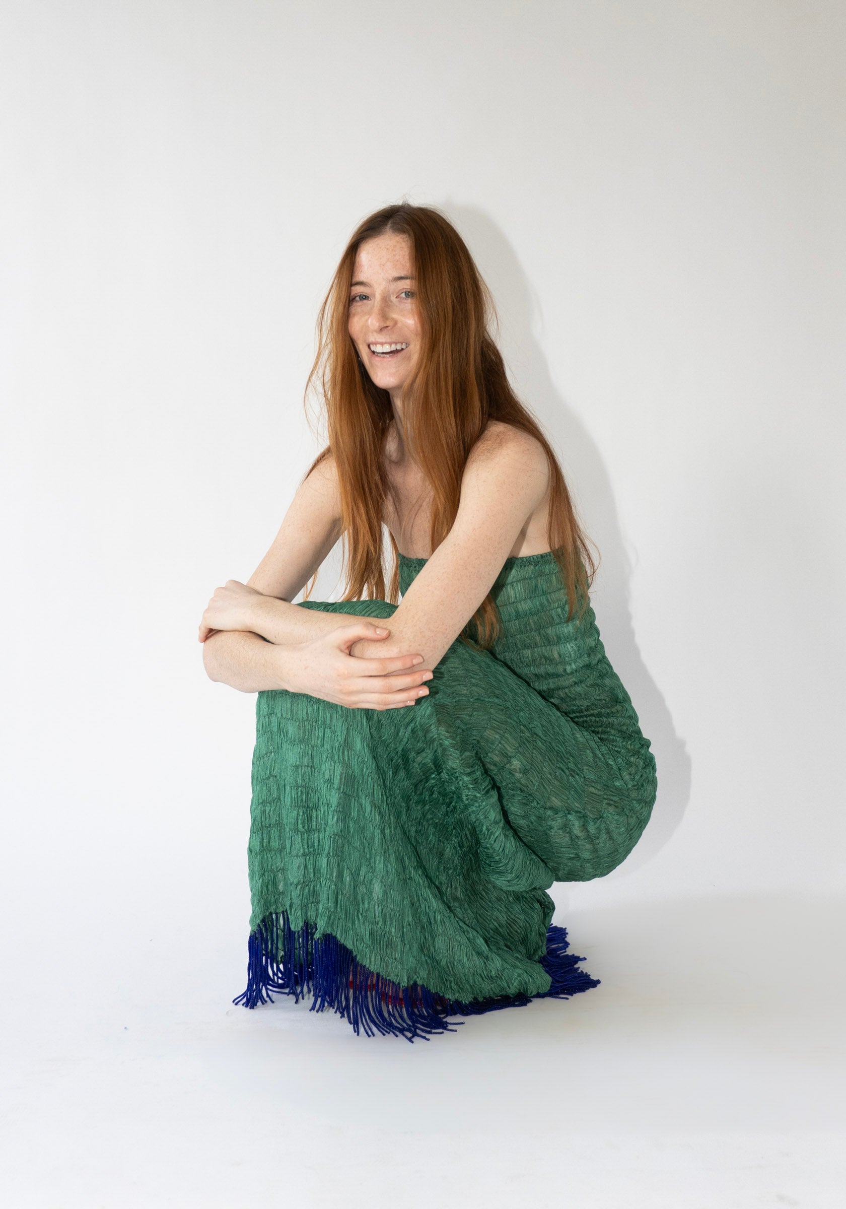 Tigra Tigra Gathered Kota Tube Dress with Beaded Fringe in Jade Green