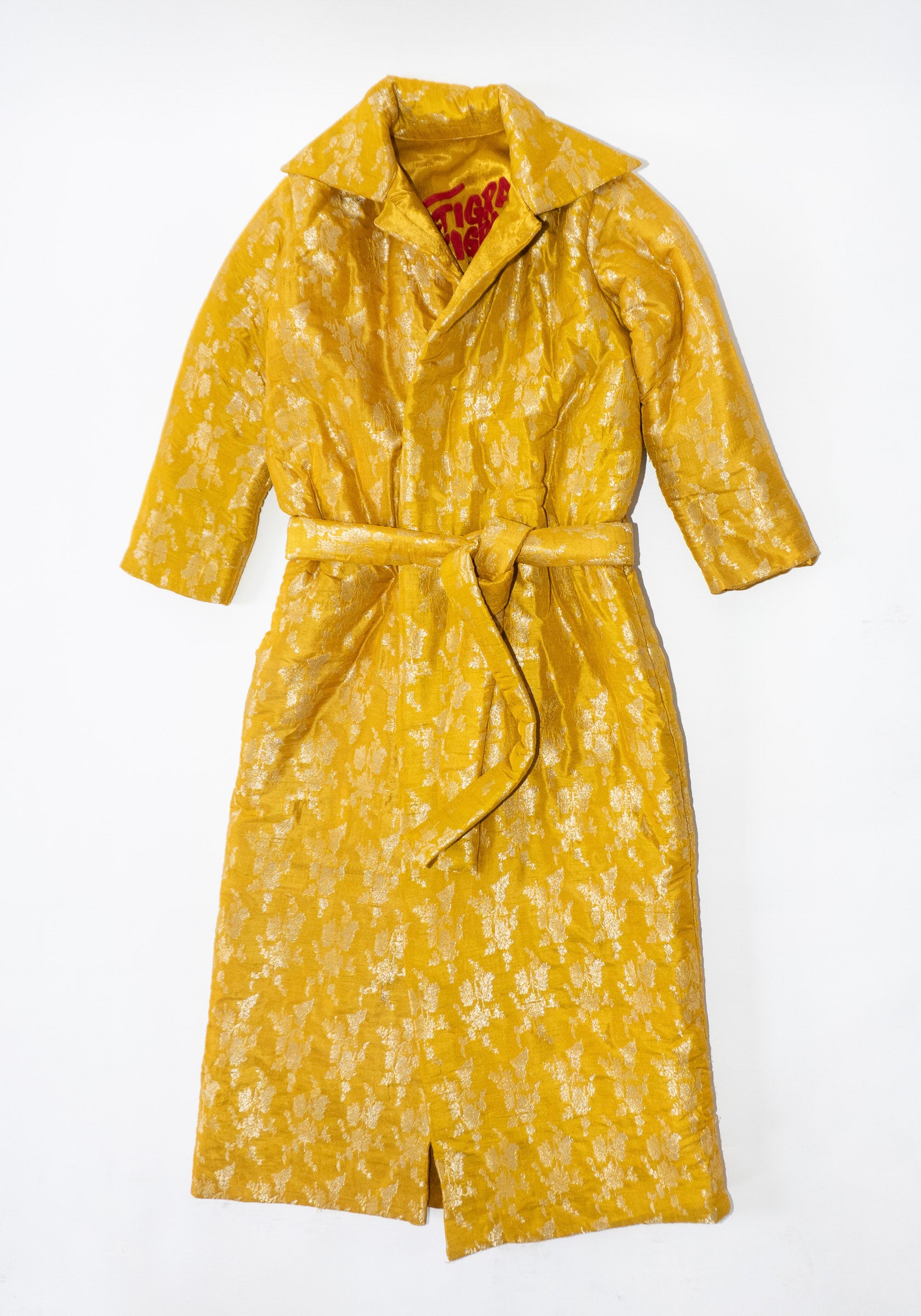 Silk Brocade Puffy Overcoat in Yellow