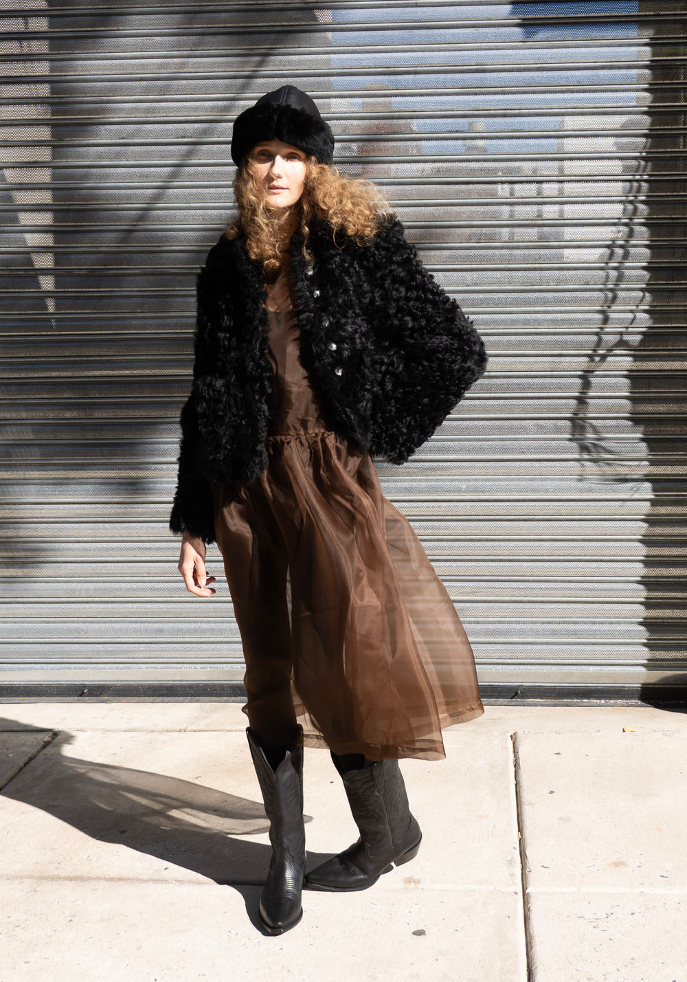 Leather Back Straight Hair Sheepskin Cap in Black