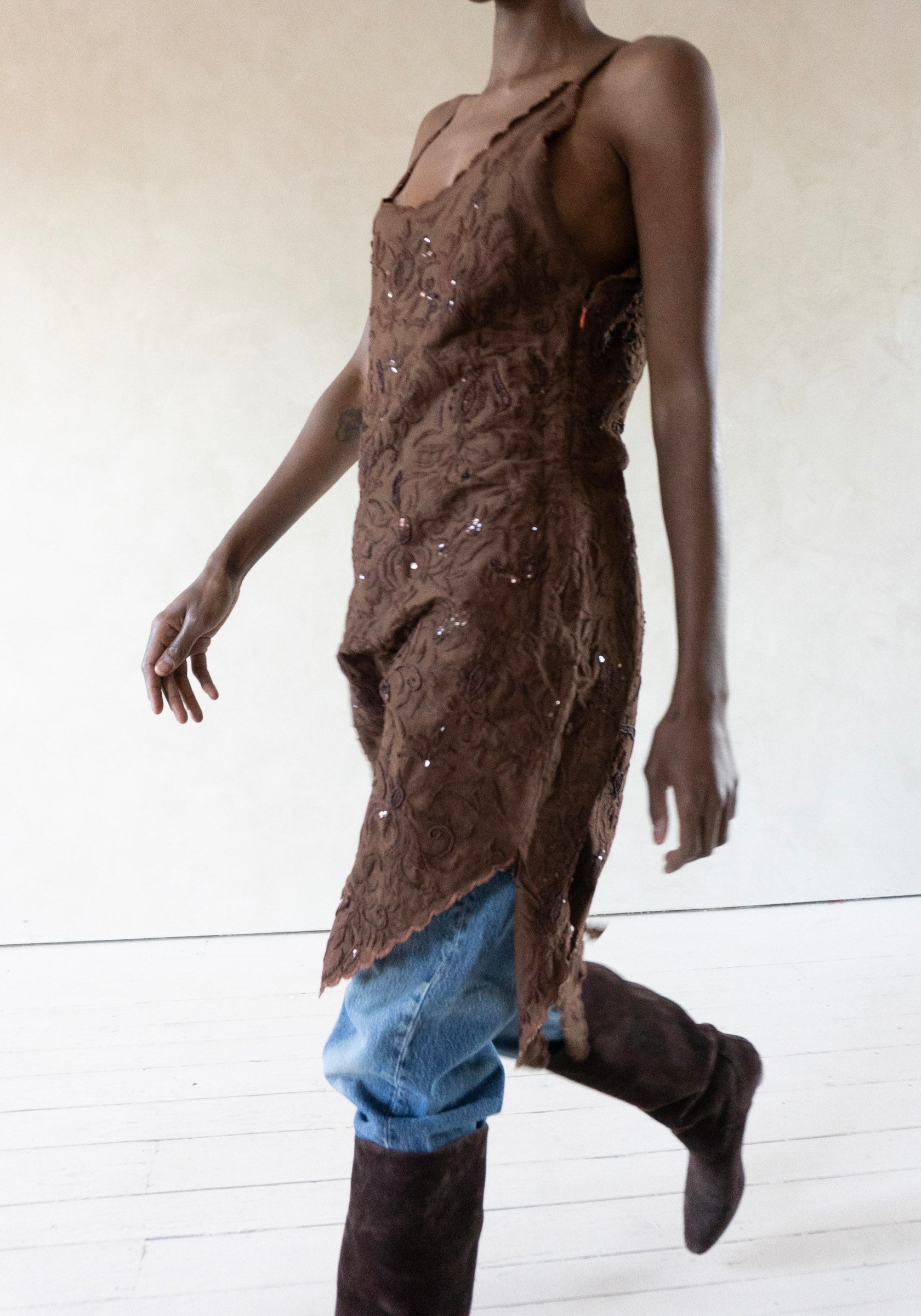 Beaded Mini Scallop Dress in Brown