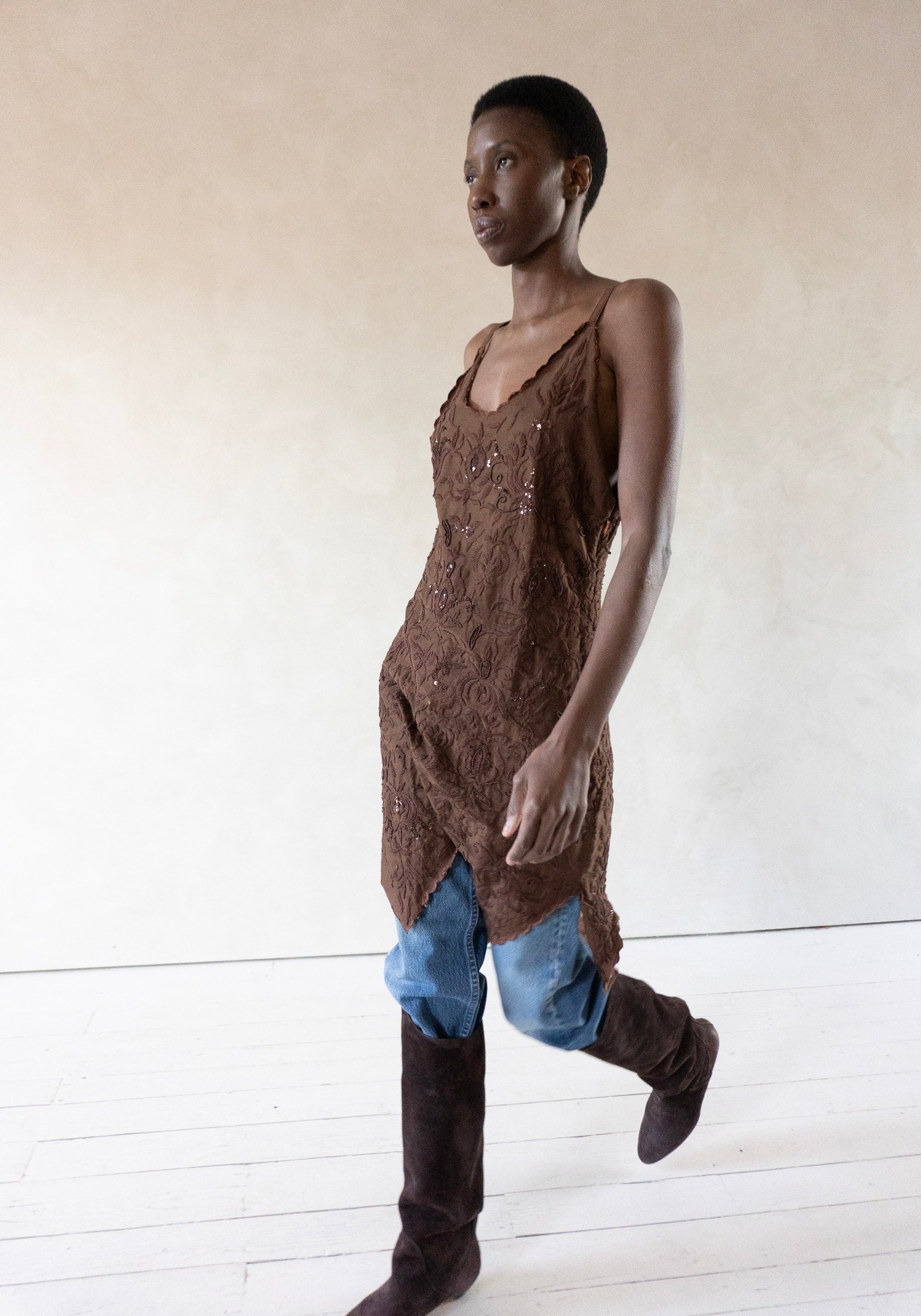 Beaded Mini Scallop Dress in Brown