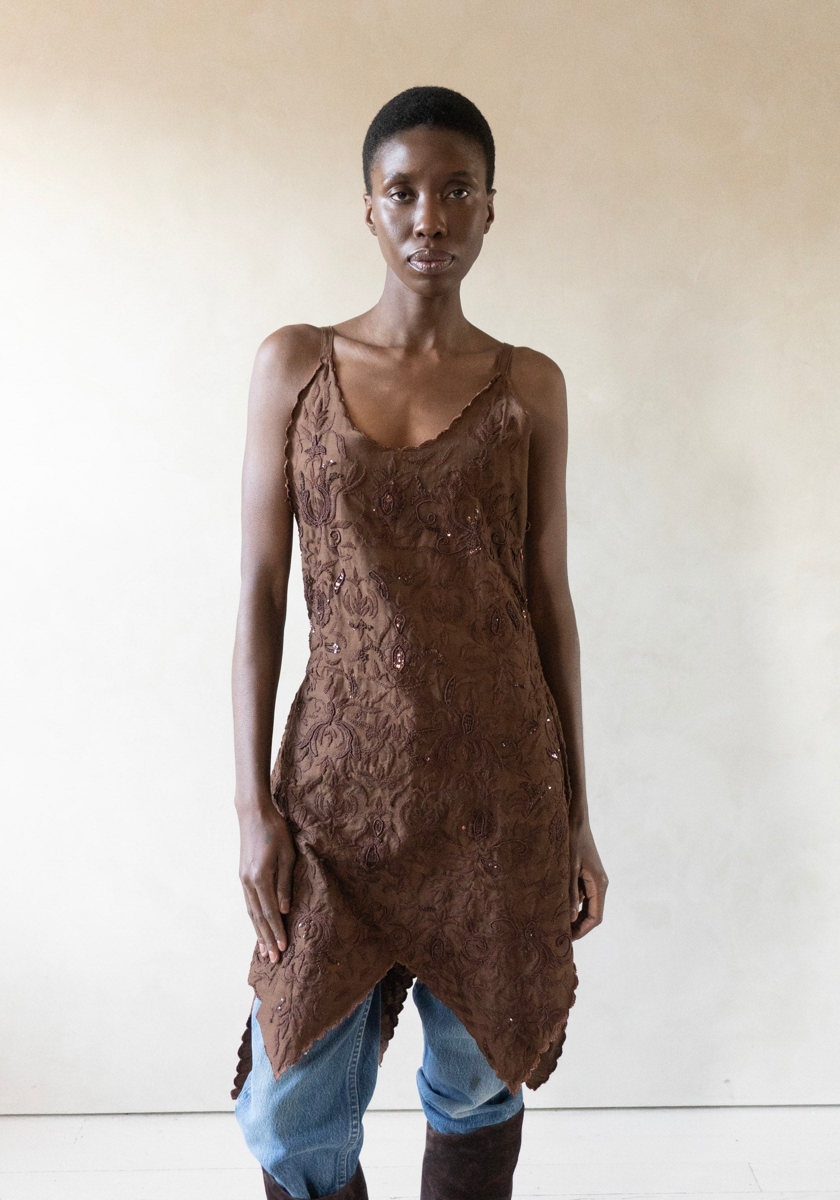 Beaded Mini Scallop Dress in Brown