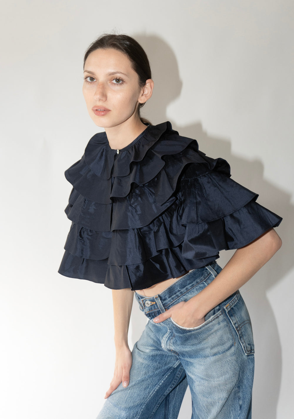 Silk Ruffle Cape in Ink