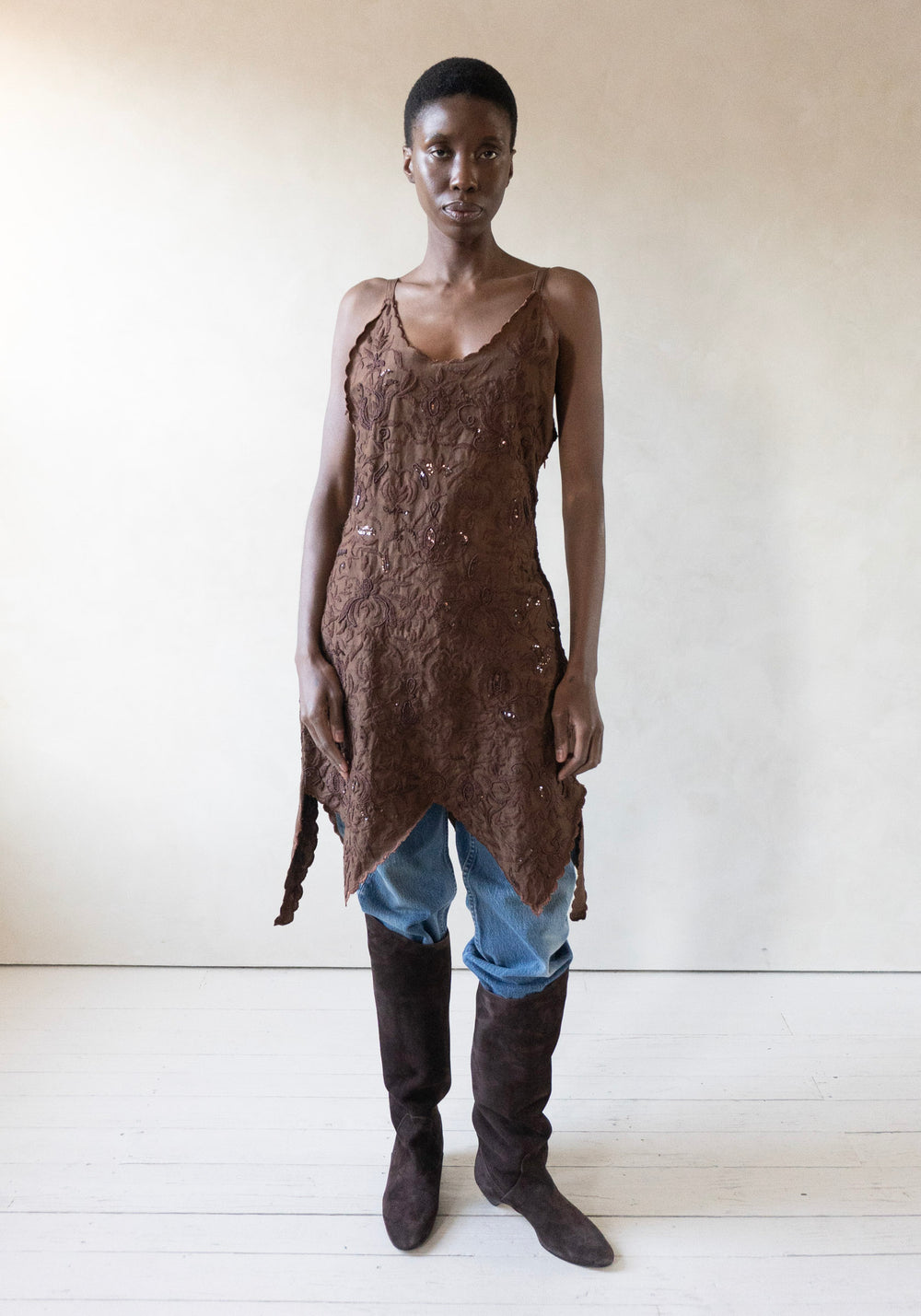 Beaded Mini Scallop Dress in Brown