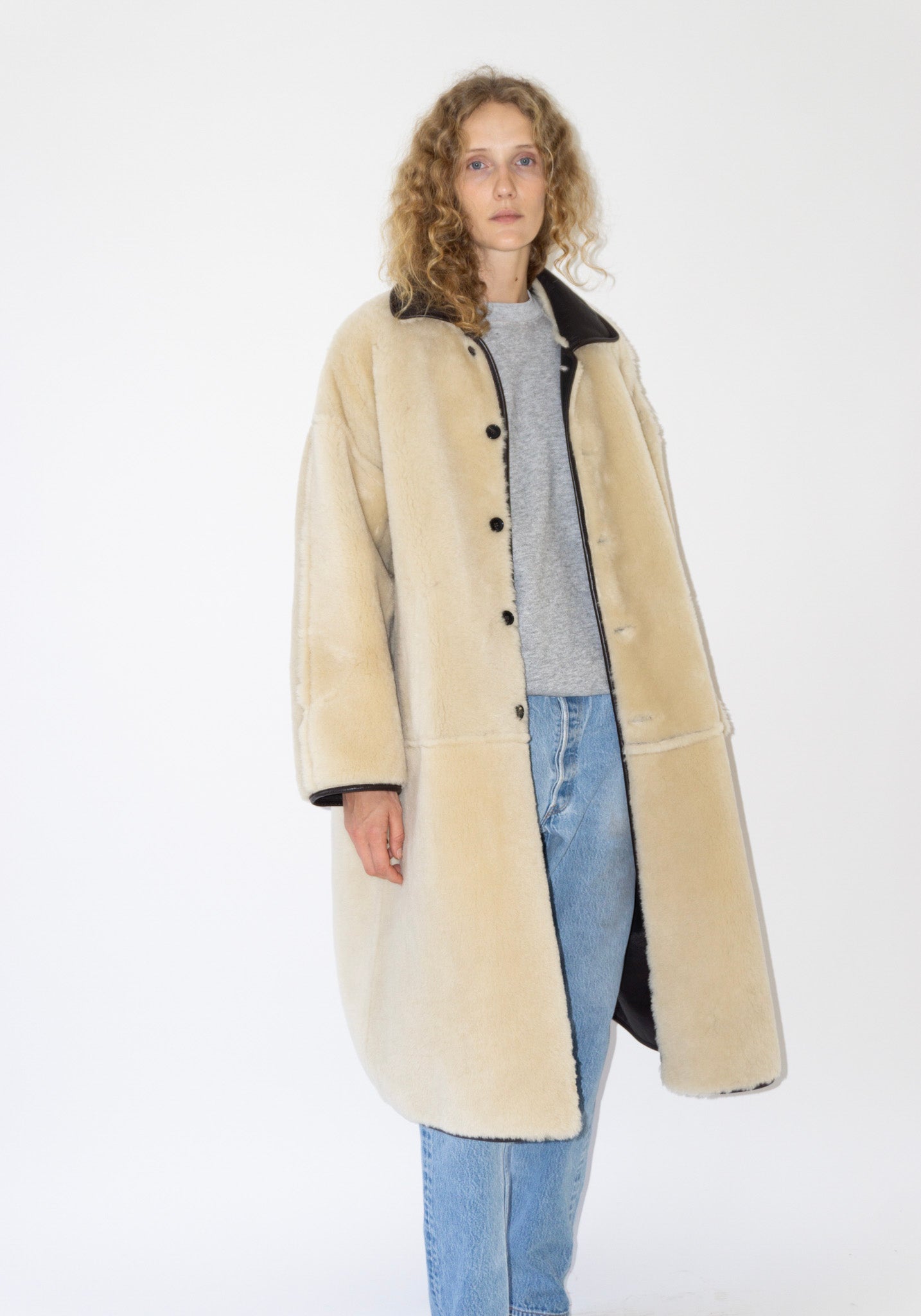 Cawley Sheepskin and Leather Roo Coat in Chocolate and Natural