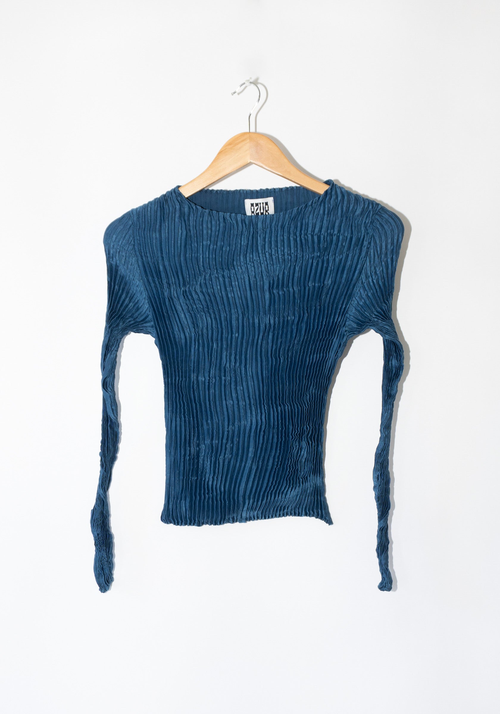 Azur Plissé Satin Silk Sleeve Top in Dark Indigo