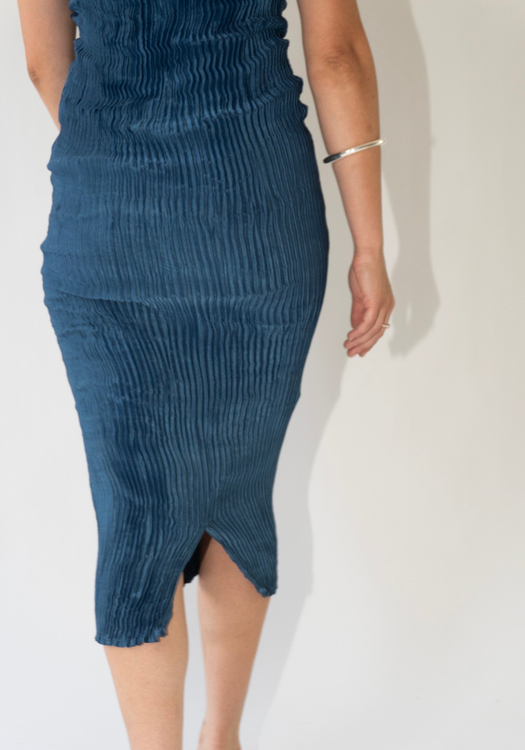 Azur Plissé Satin Silk Tank Long Dress in Dark Indigo