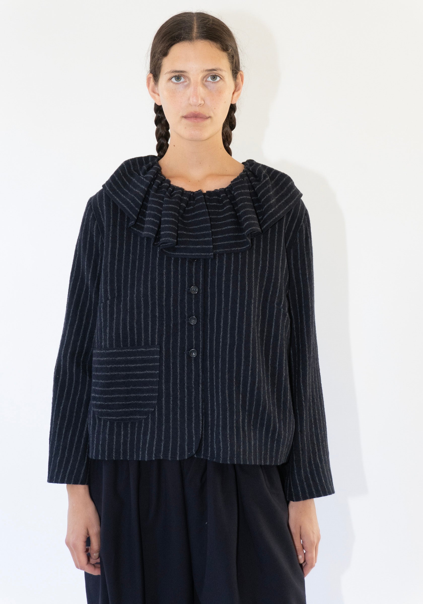 Japanese Striped Boucle Ruffle Lillie Jacket in Navy and Grey