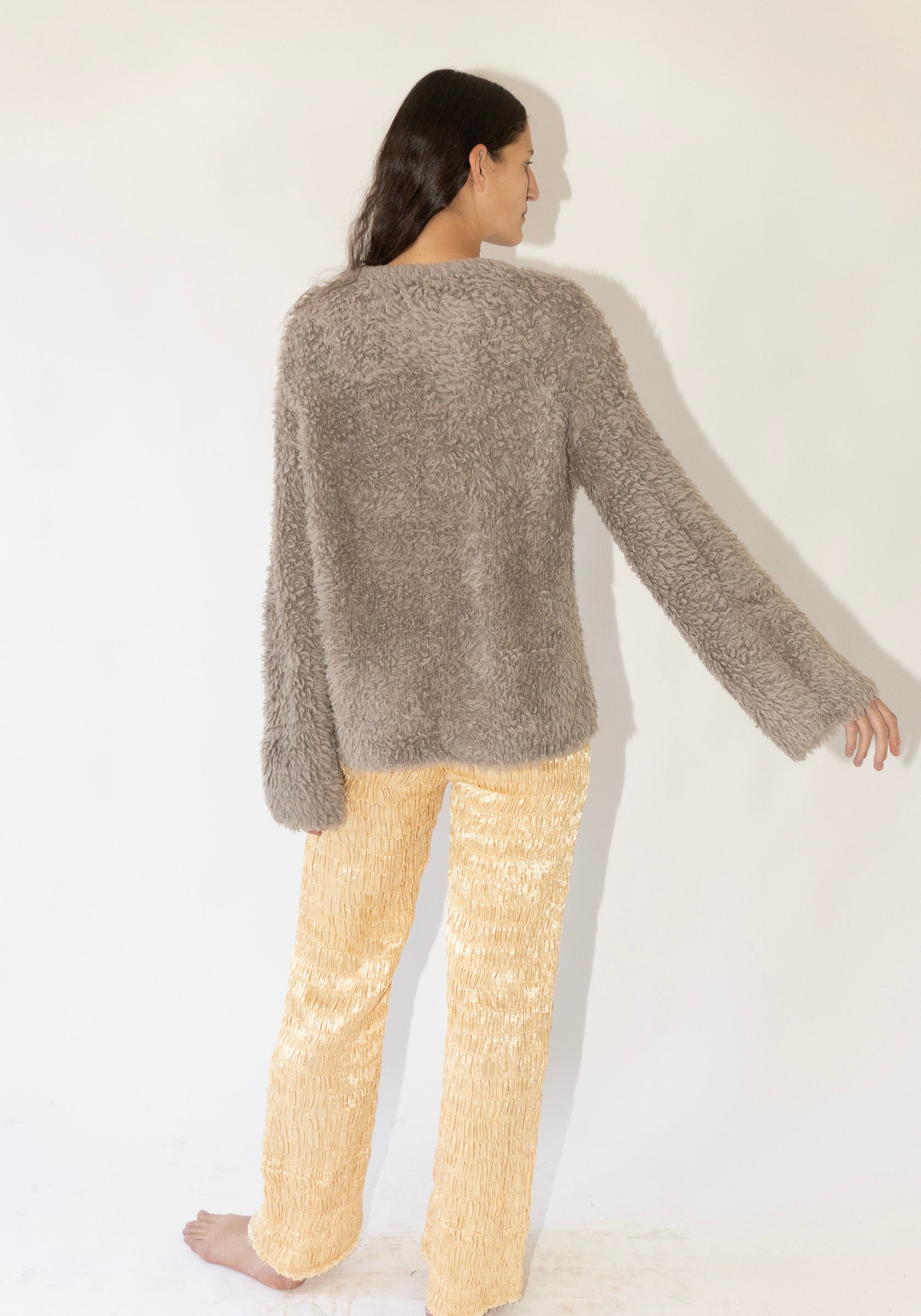 Handknit Fur Crewneck in Taupe