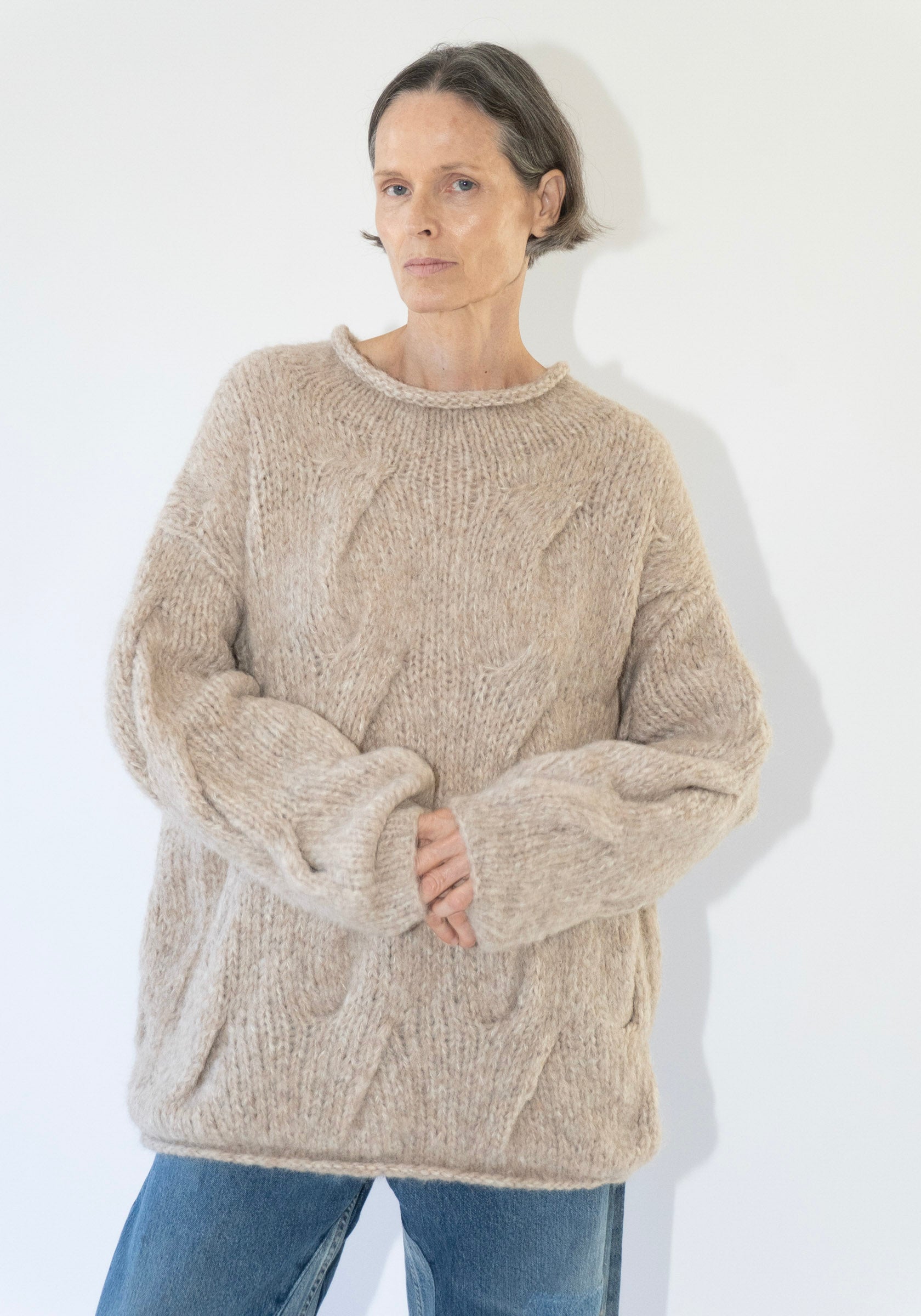 Lauren Manoogian Handknit Cable Rollneck Sweater in Husk