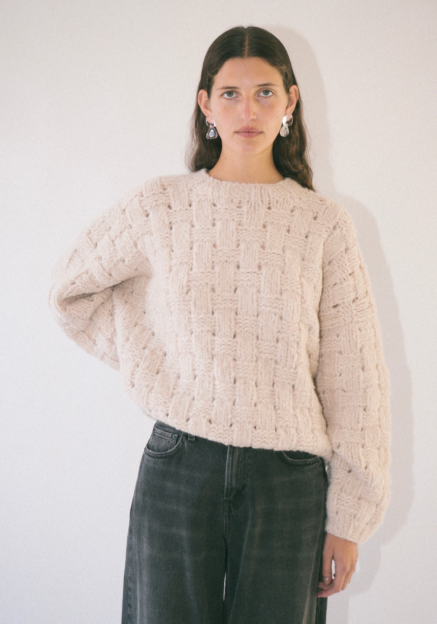 Handknit Interlace Pullover in Alabaster