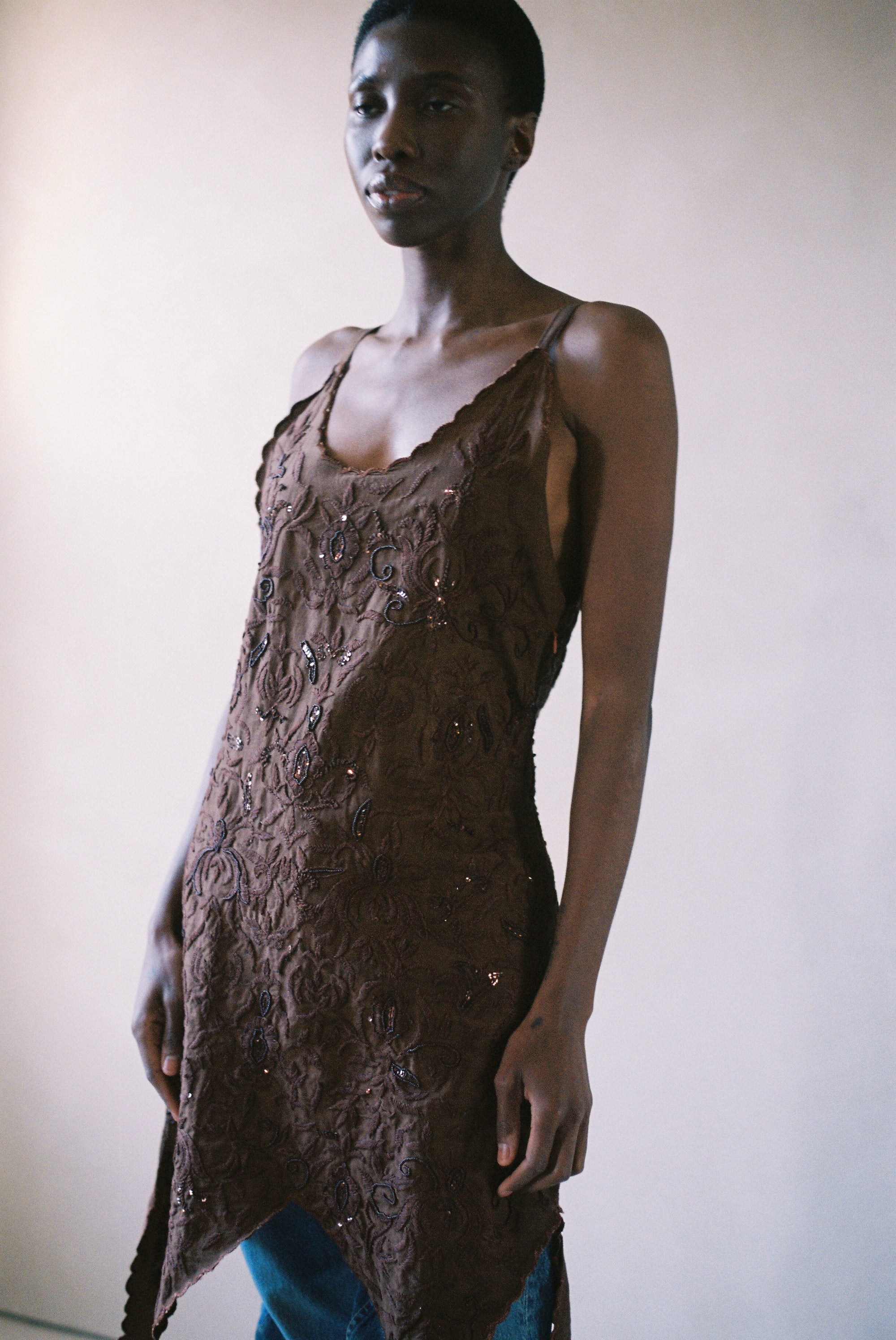 Beaded Mini Scallop Dress in Brown