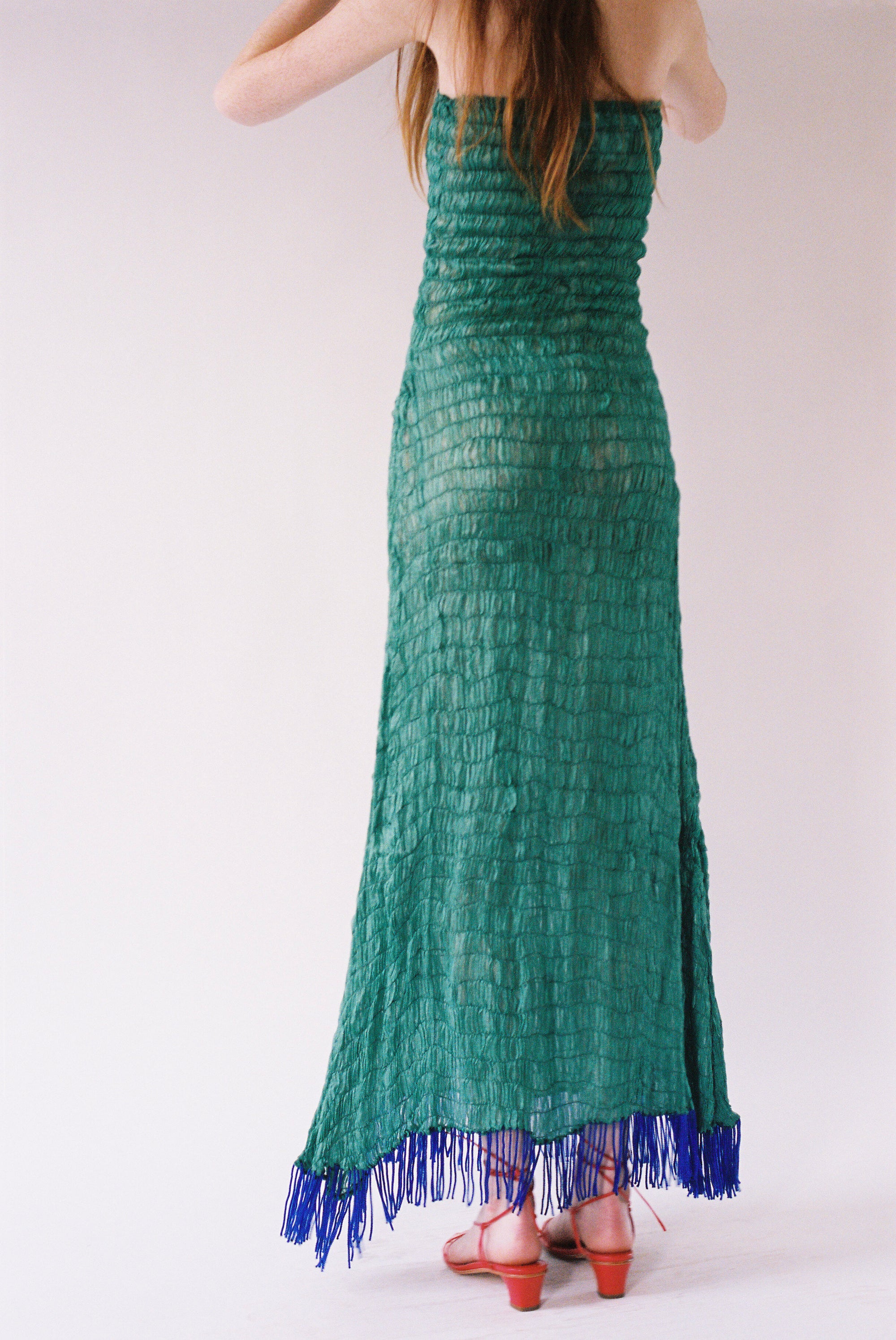 Tigra Tigra Gathered Kota Tube Dress with Beaded Fringe in Jade Green