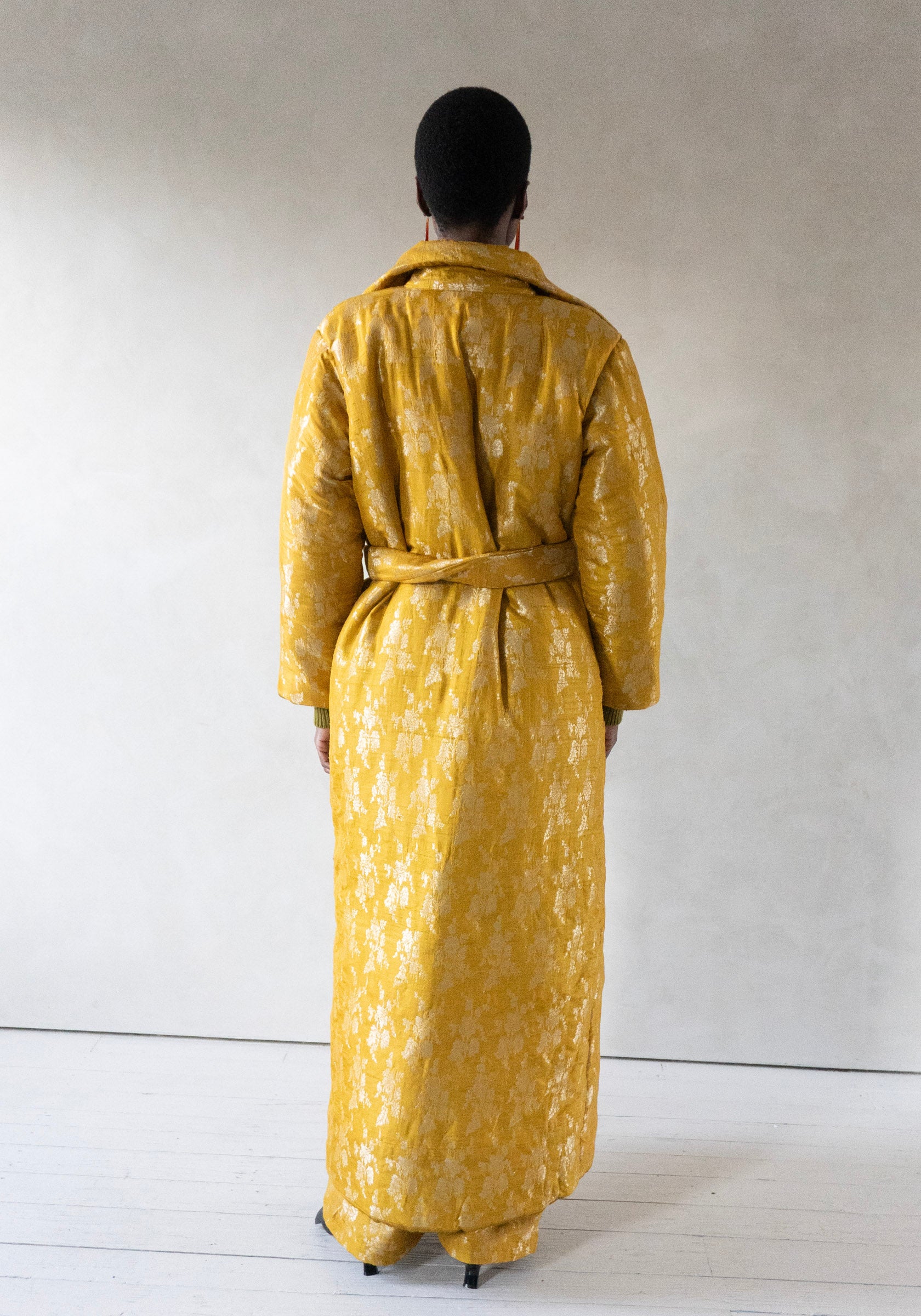 Silk Brocade Puffy Overcoat in Yellow