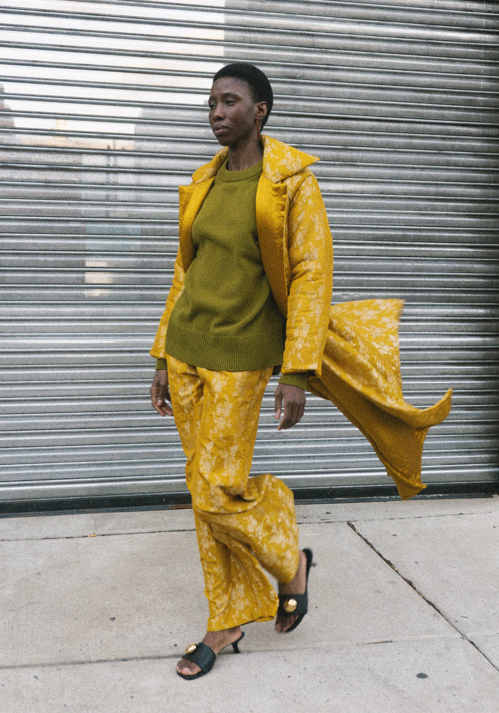 Silk Brocade Puffy Overcoat in Yellow