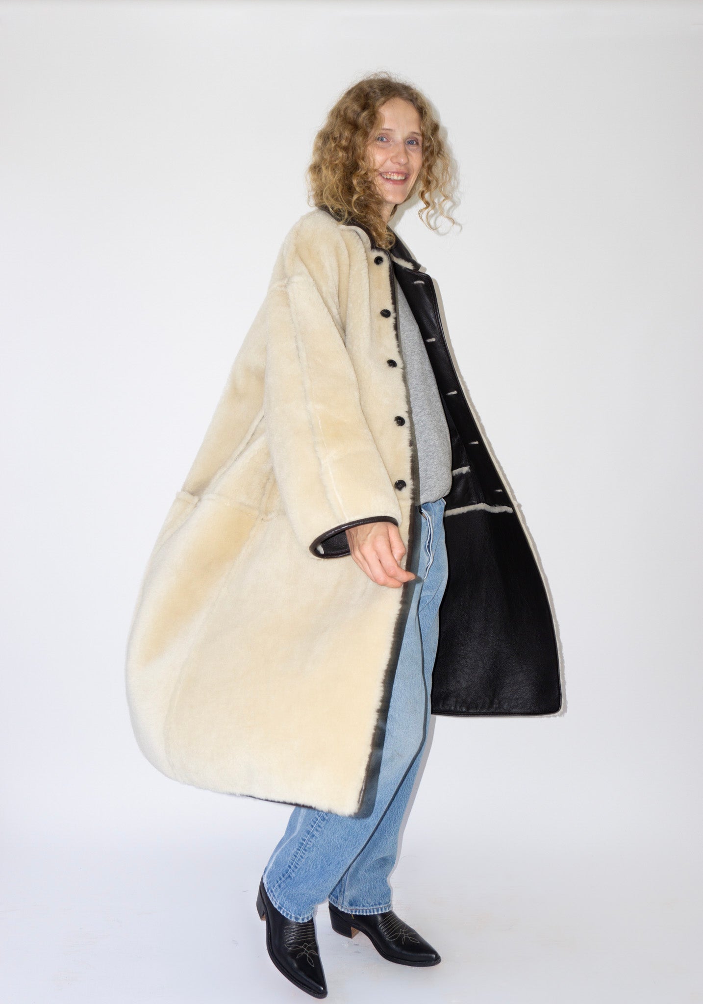 Cawley Sheepskin and Leather Roo Coat in Chocolate and Natural