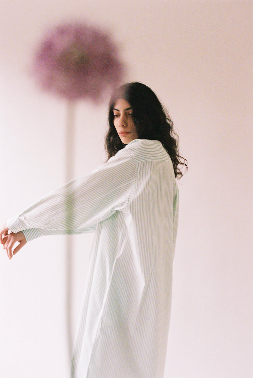 Cristaseya Maxi Shirt Dress in White and Green Stripes