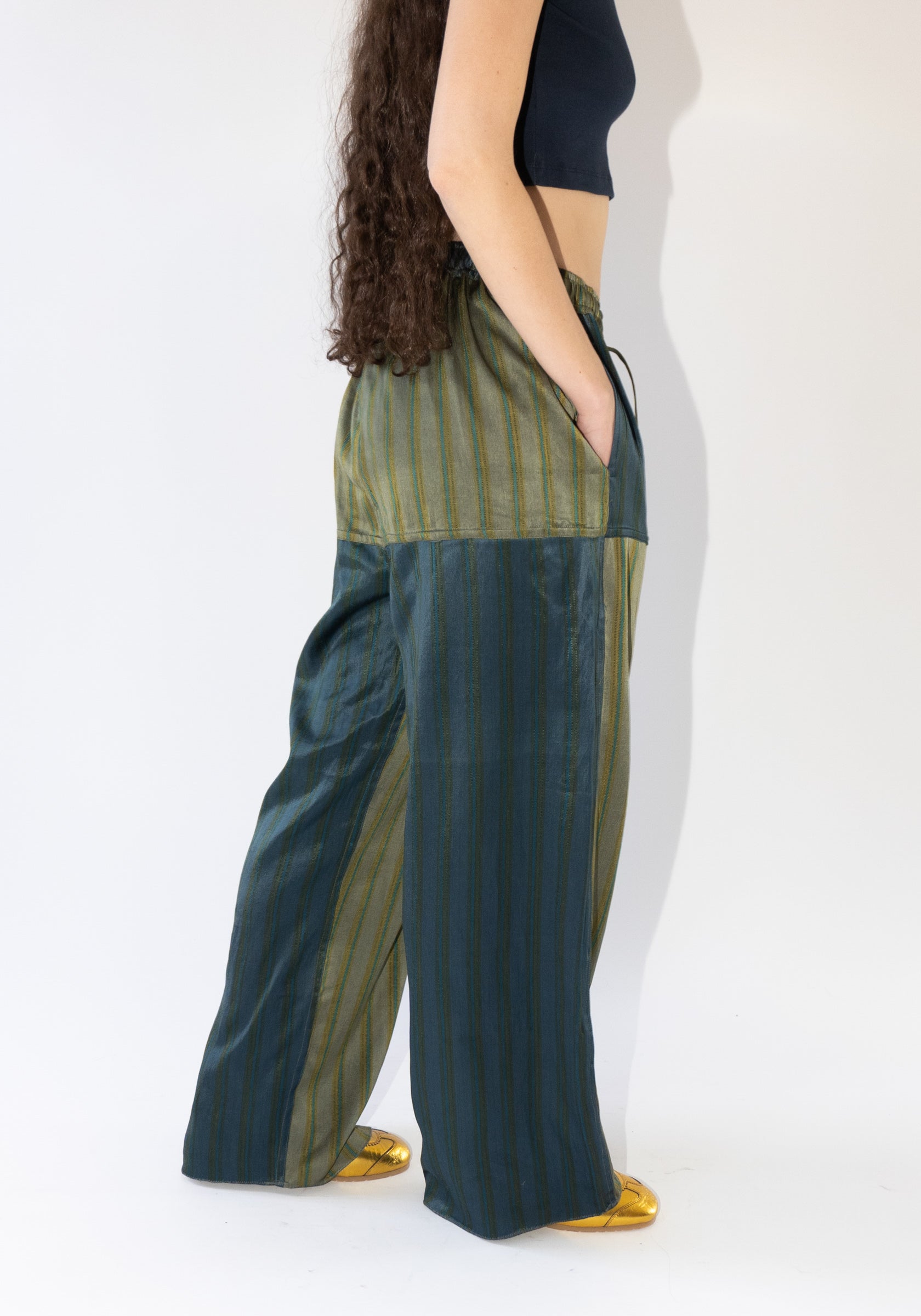 Tigra Tigra Patchwork Stripe Pant in Grey and Blue Stripe