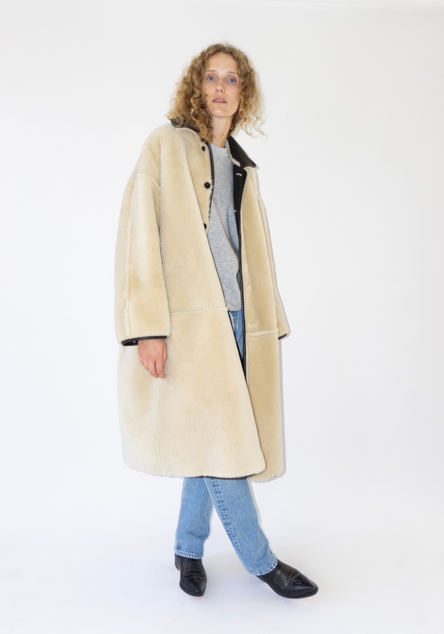 Cawley Sheepskin and Leather Roo Coat in Chocolate and Natural