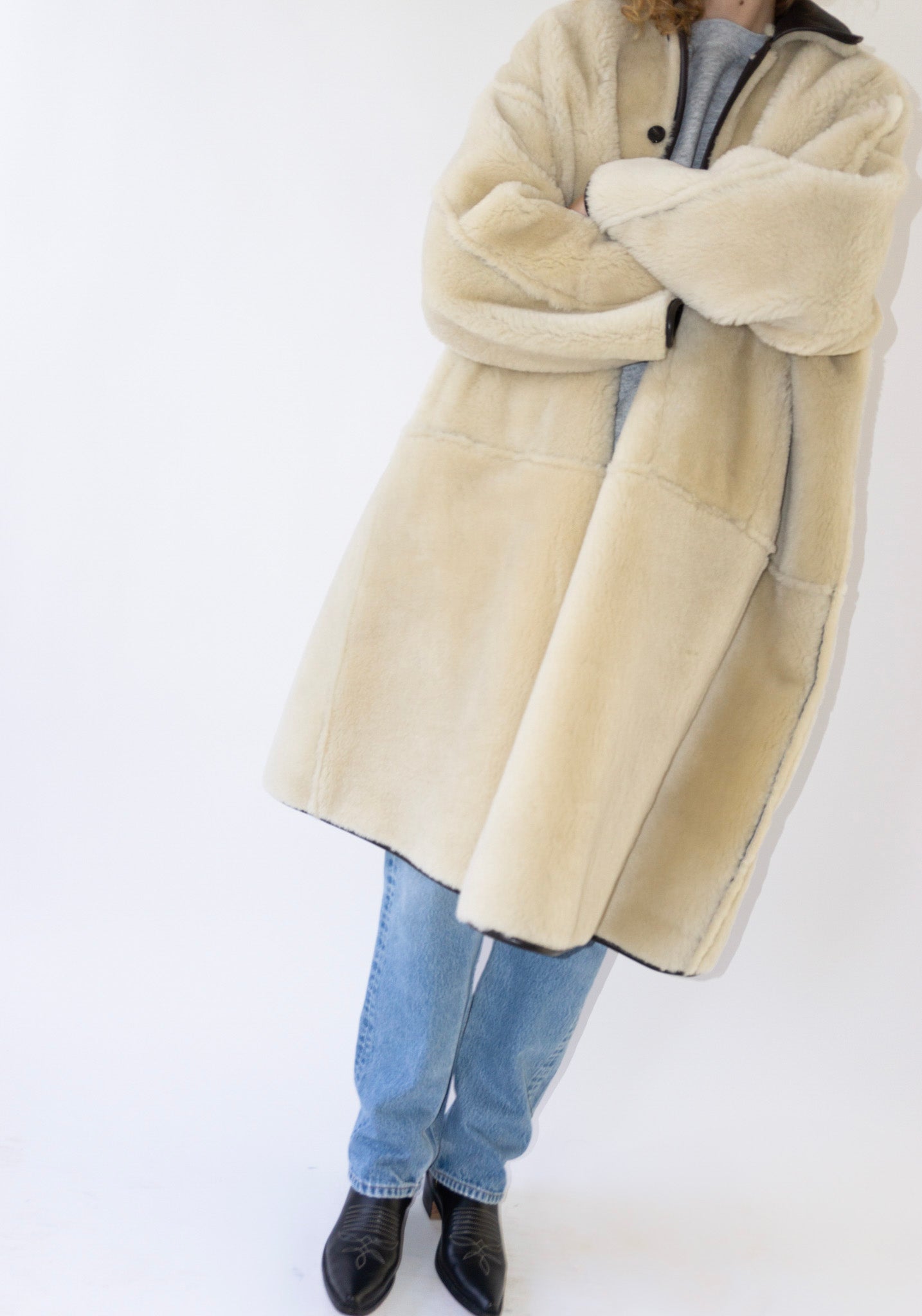 Cawley Sheepskin and Leather Roo Coat in Chocolate and Natural