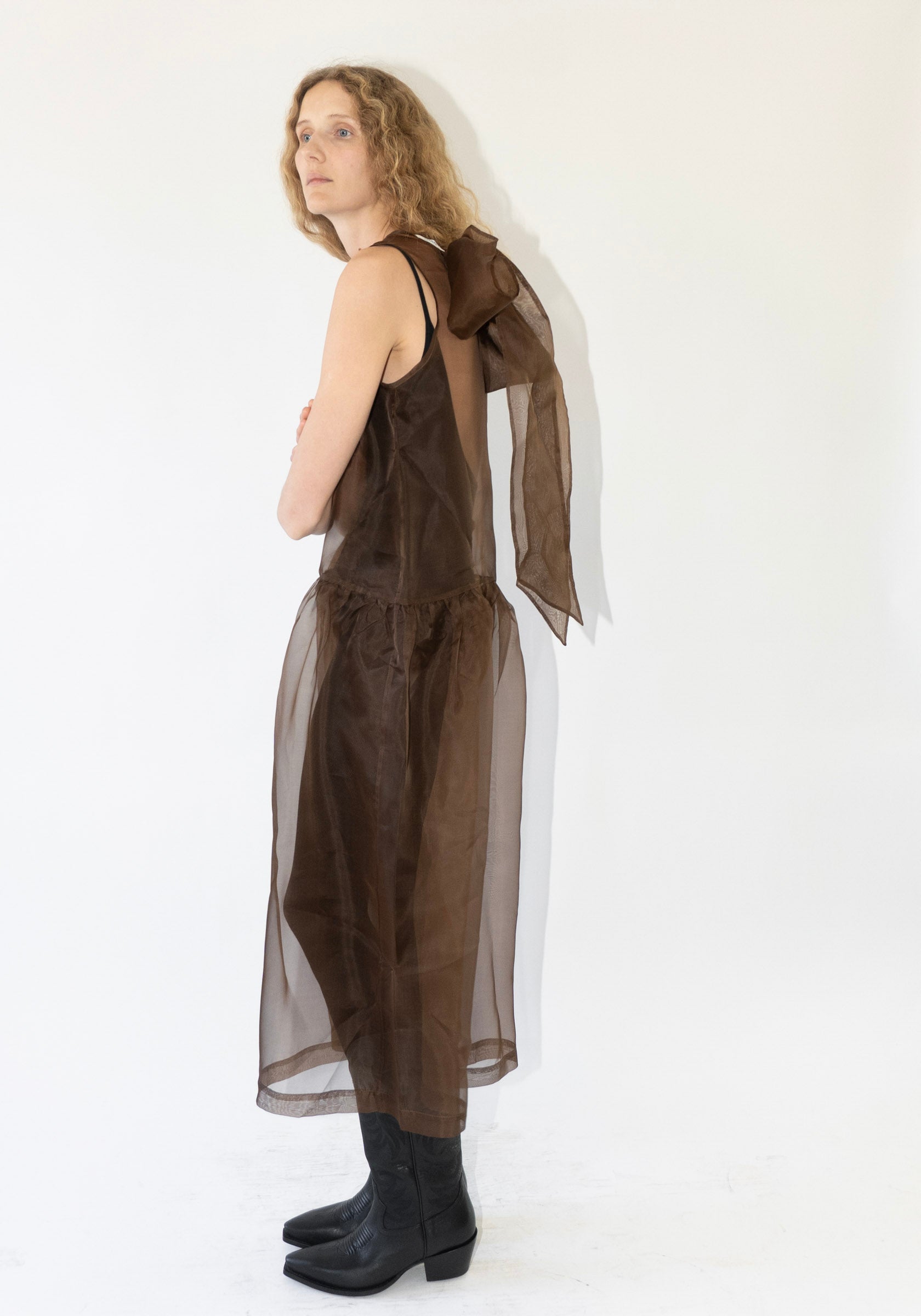 Silk Organza Gathered Isabella Dress in Chestnut