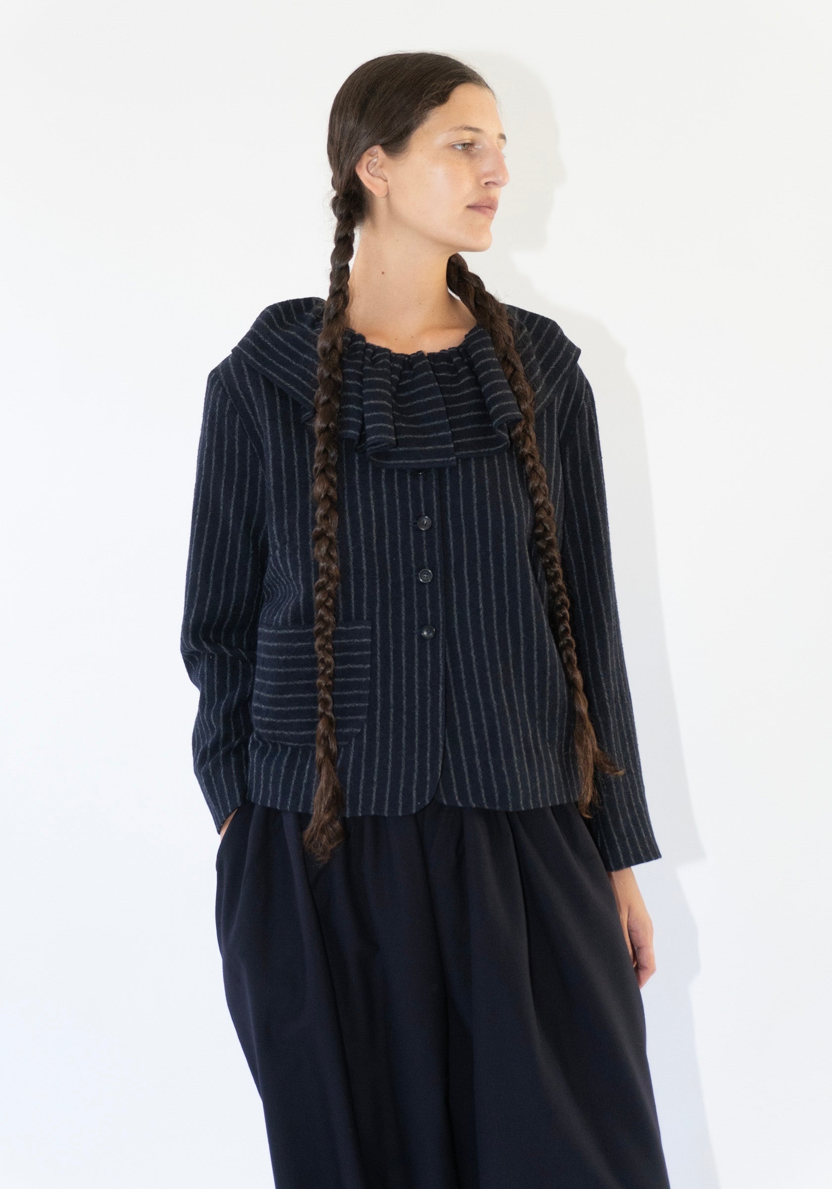Cawley Japanese Striped Bouchle Ruffle Lillie Jacket in Navy and Grey
