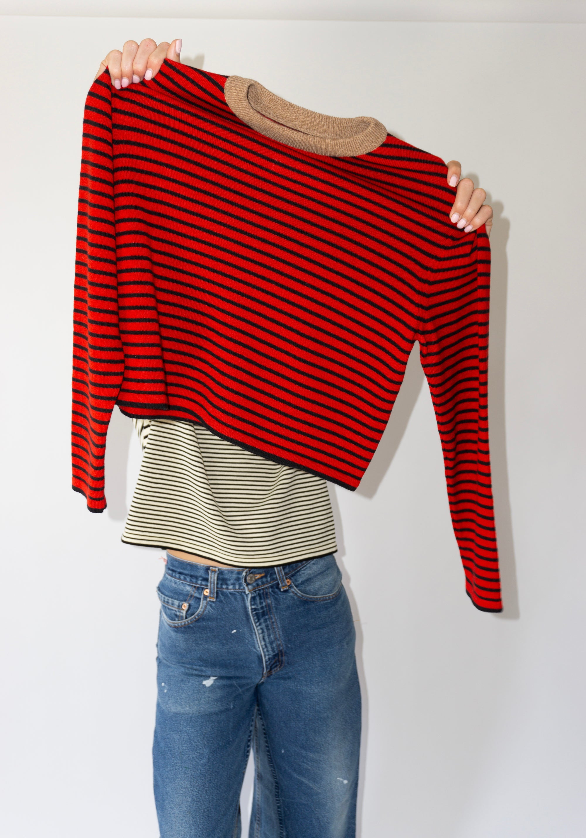 Merino Wool Striped Tee in Red