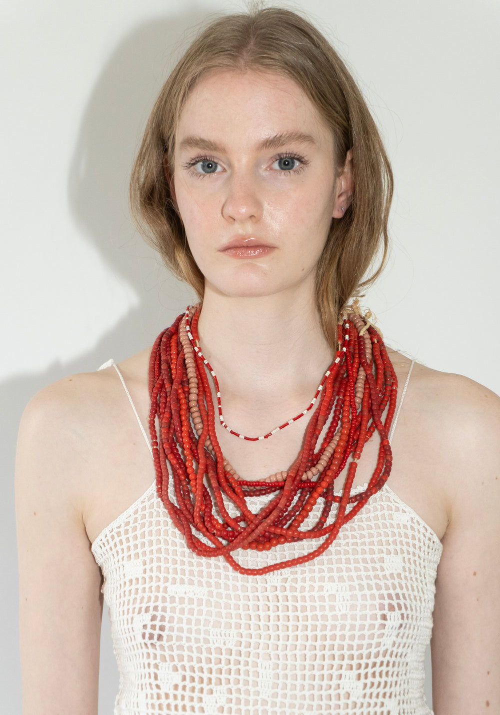 Set of Five African Red Beaded Necklaces