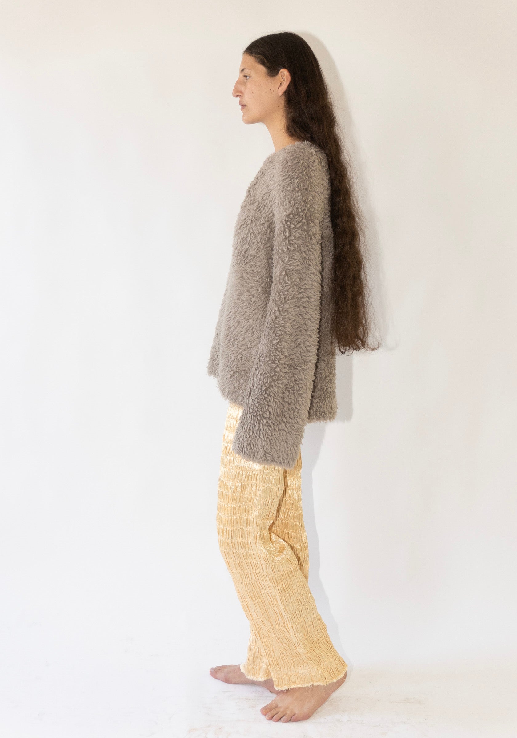 Handknit Fur Crewneck in Taupe