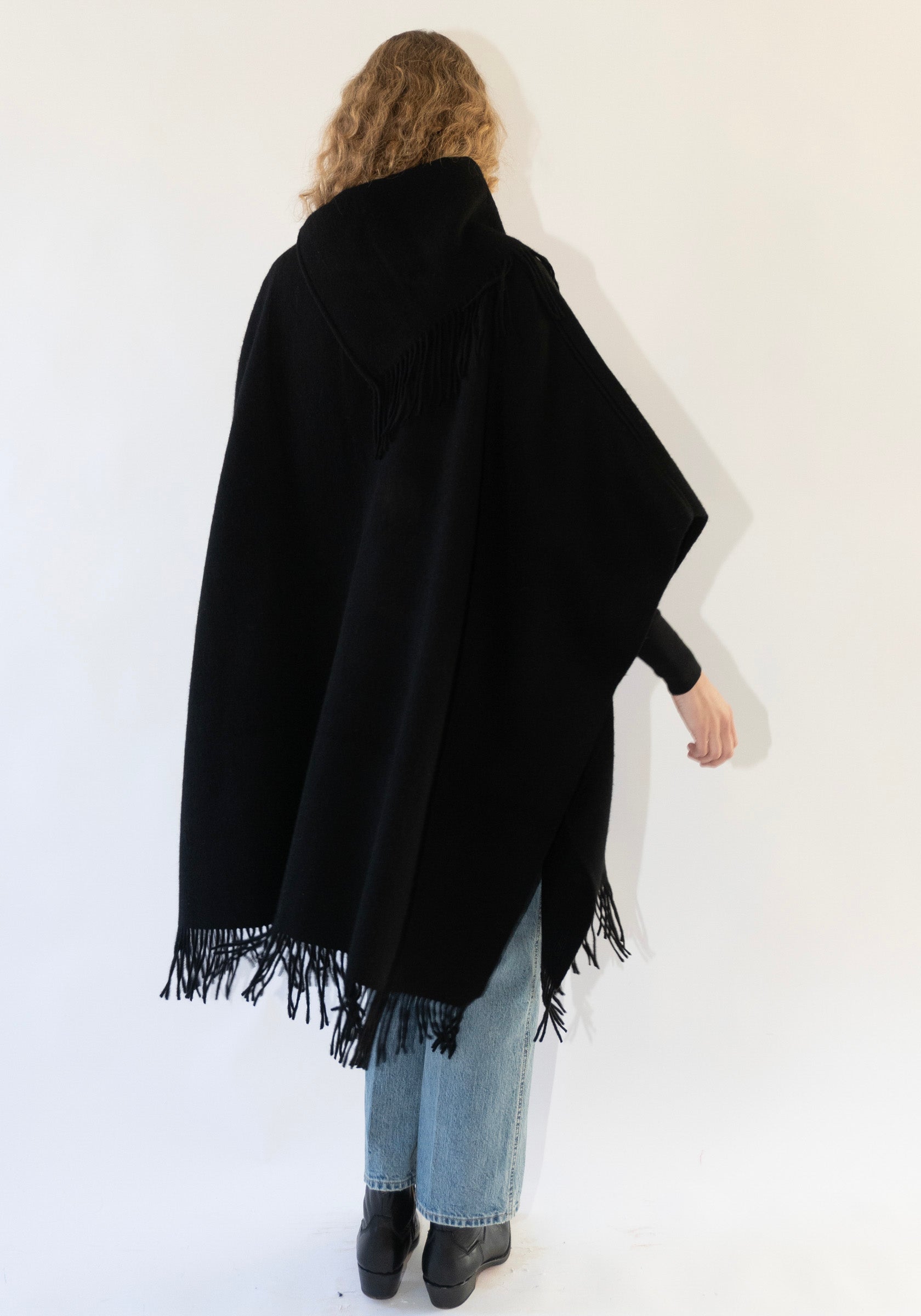 Long Turtlo Fringe Poncho in Black