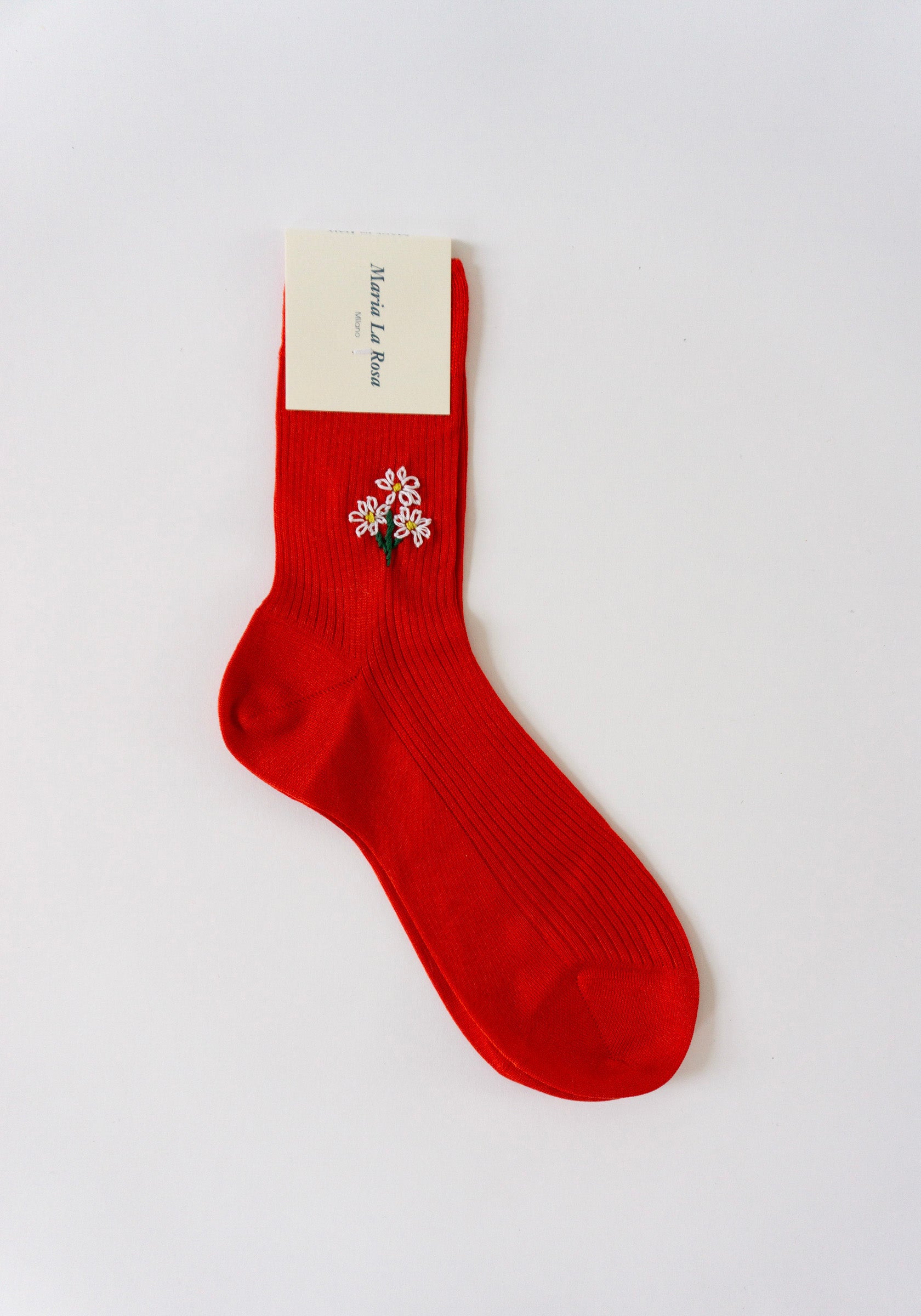 Floral Embroidered Sock with Red Daisy