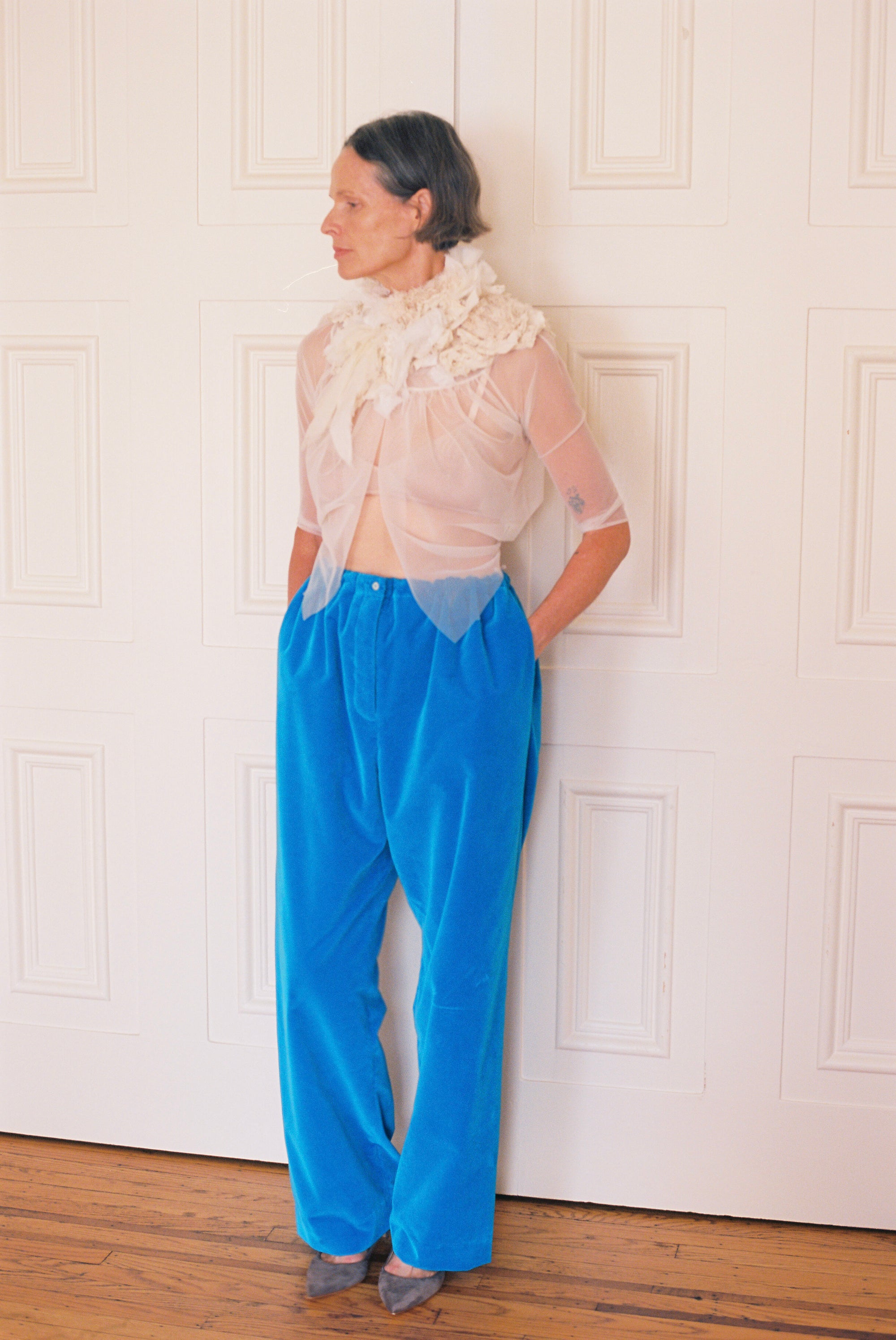 Colleen Allen Velvet Drawstring Pant in Cerulean Blue
