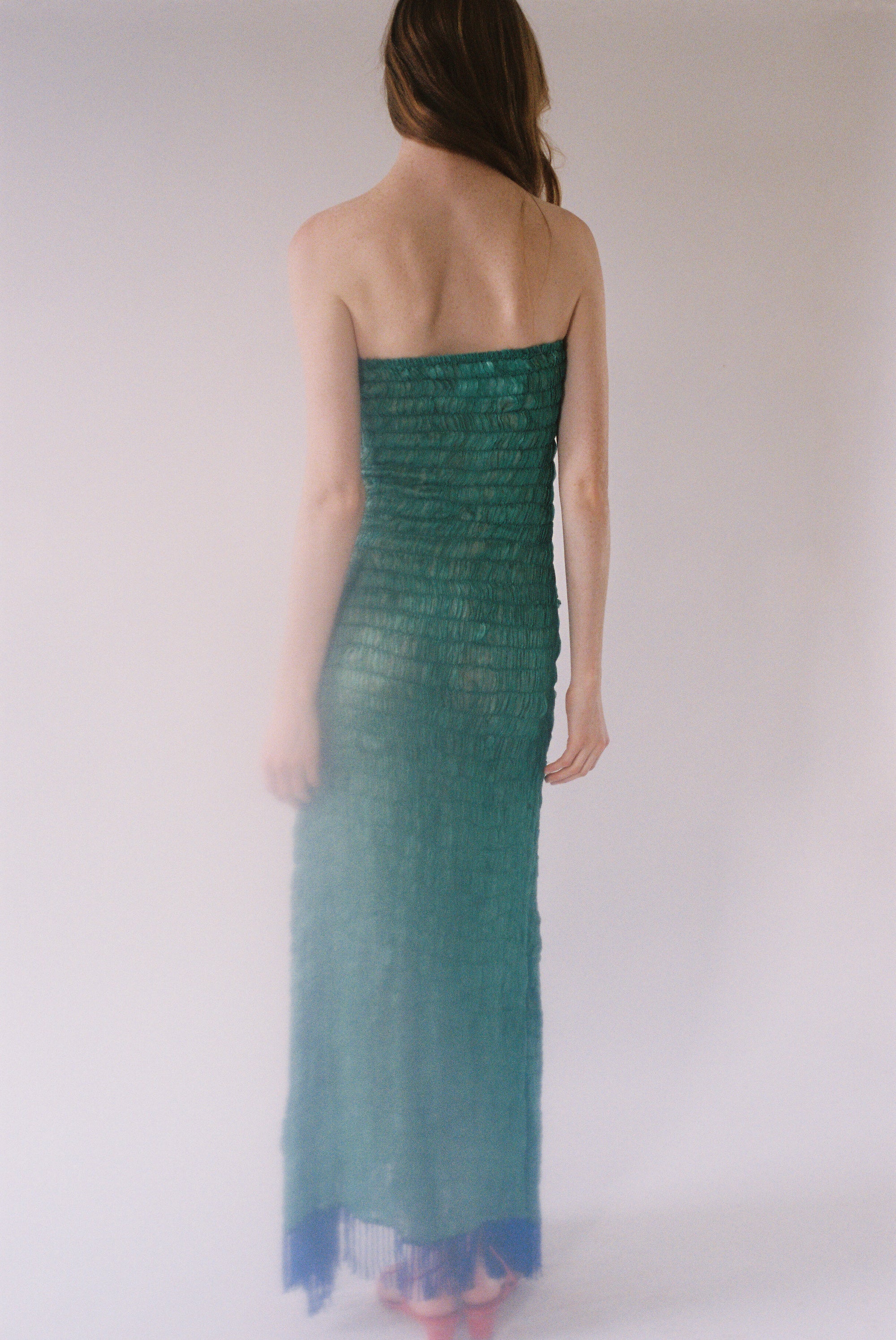 Tigra Tigra Gathered Kota Tube Dress with Beaded Fringe in Jade Green